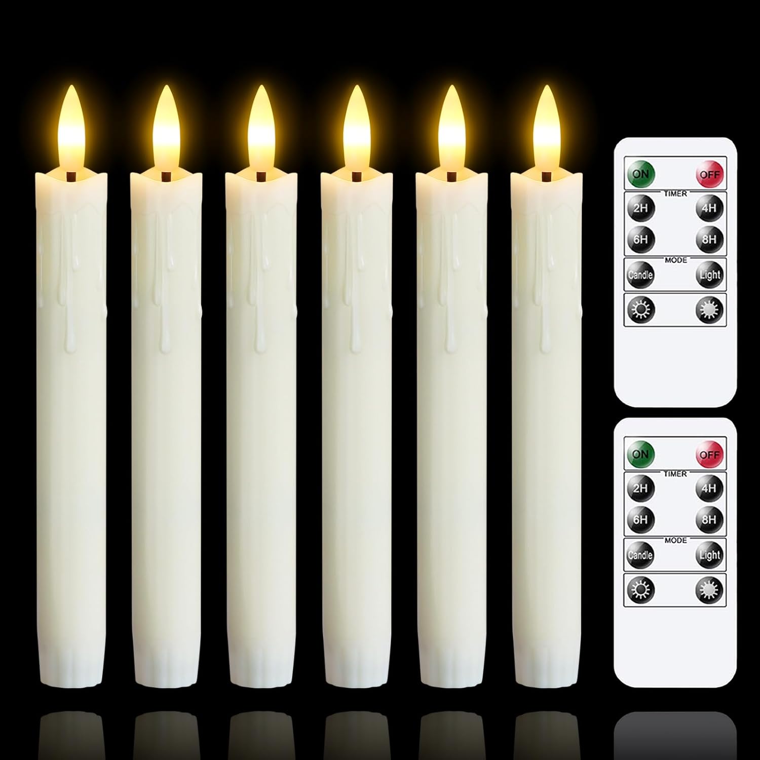 Bezpłomieniowe migoczące świece, dwa piloty, 19 cm, okienko LED zasilane bateriami, timer, zestaw 6 bezpłomieniowych plastikowych świec z efektem wosk