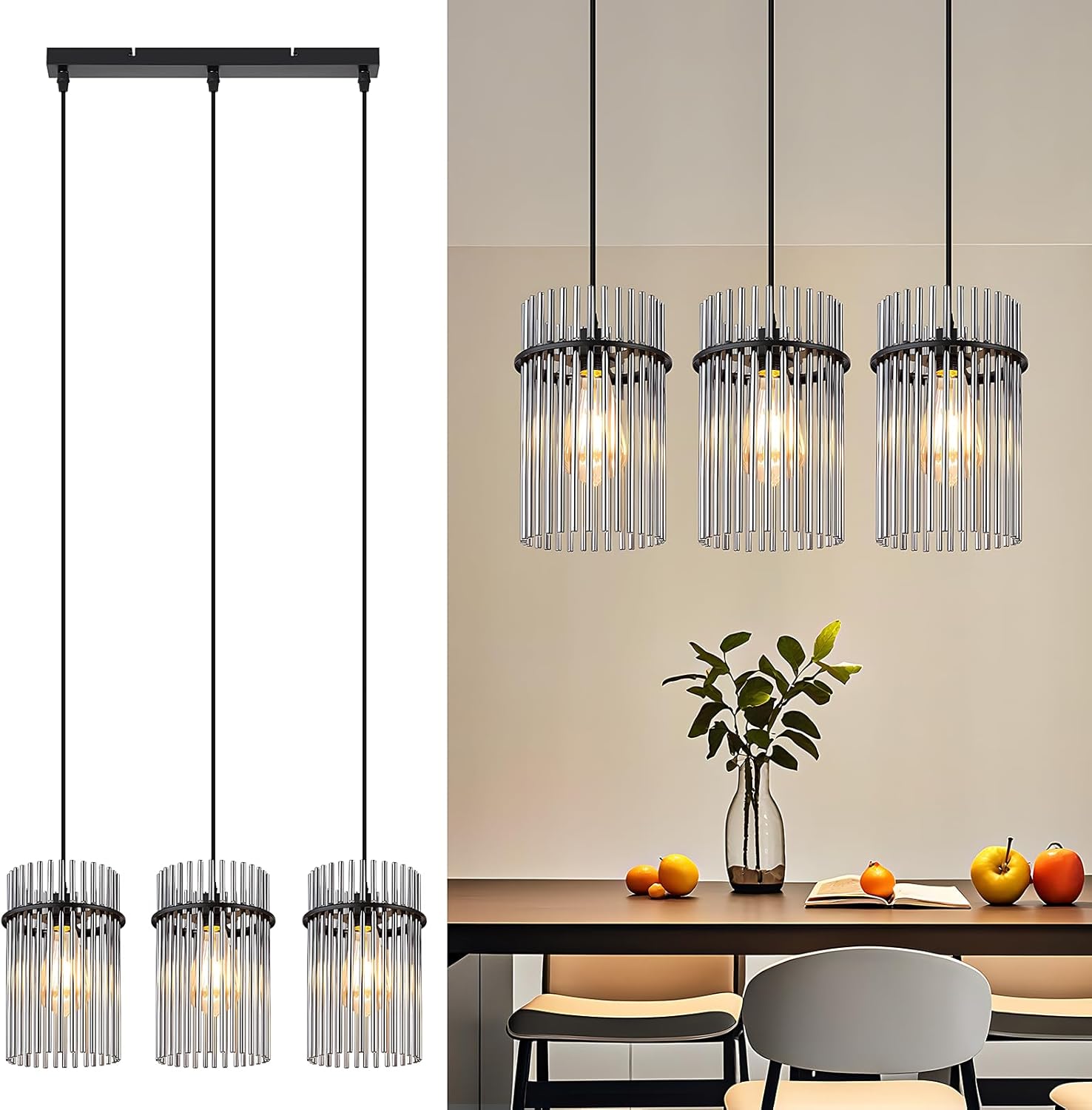 Lampa wisząca Nettlife Vintage Black, szklana, 3-punktowa, gniazdo E27, Ø 16 cm, do stołu jadalnego lub salonu (bez żarówek).