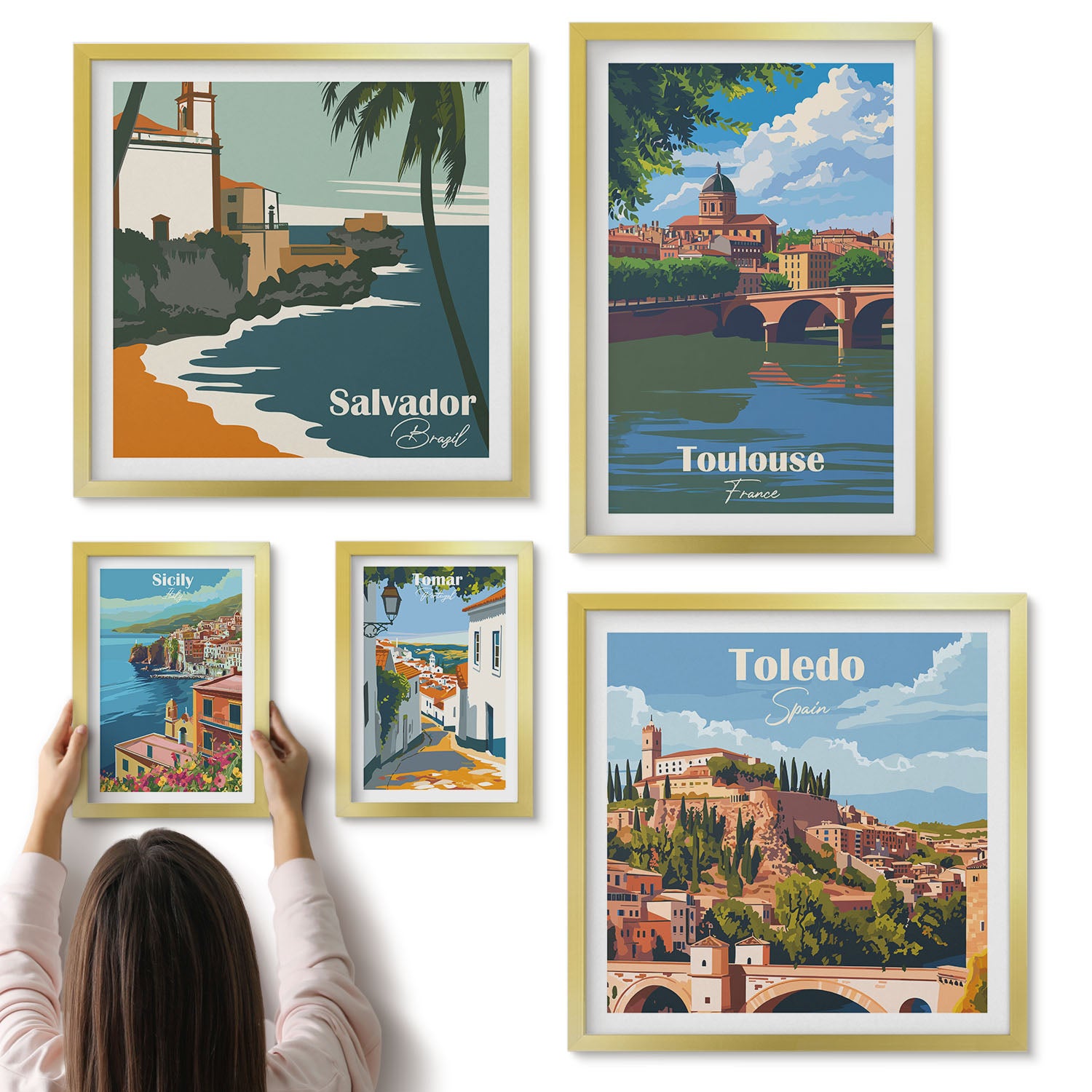Galeria ścienna 5-częściowy komplet obrazów w złotych ramach - Europejskie miasta malownicze widoki i krajobrazy - ArtPrintCave