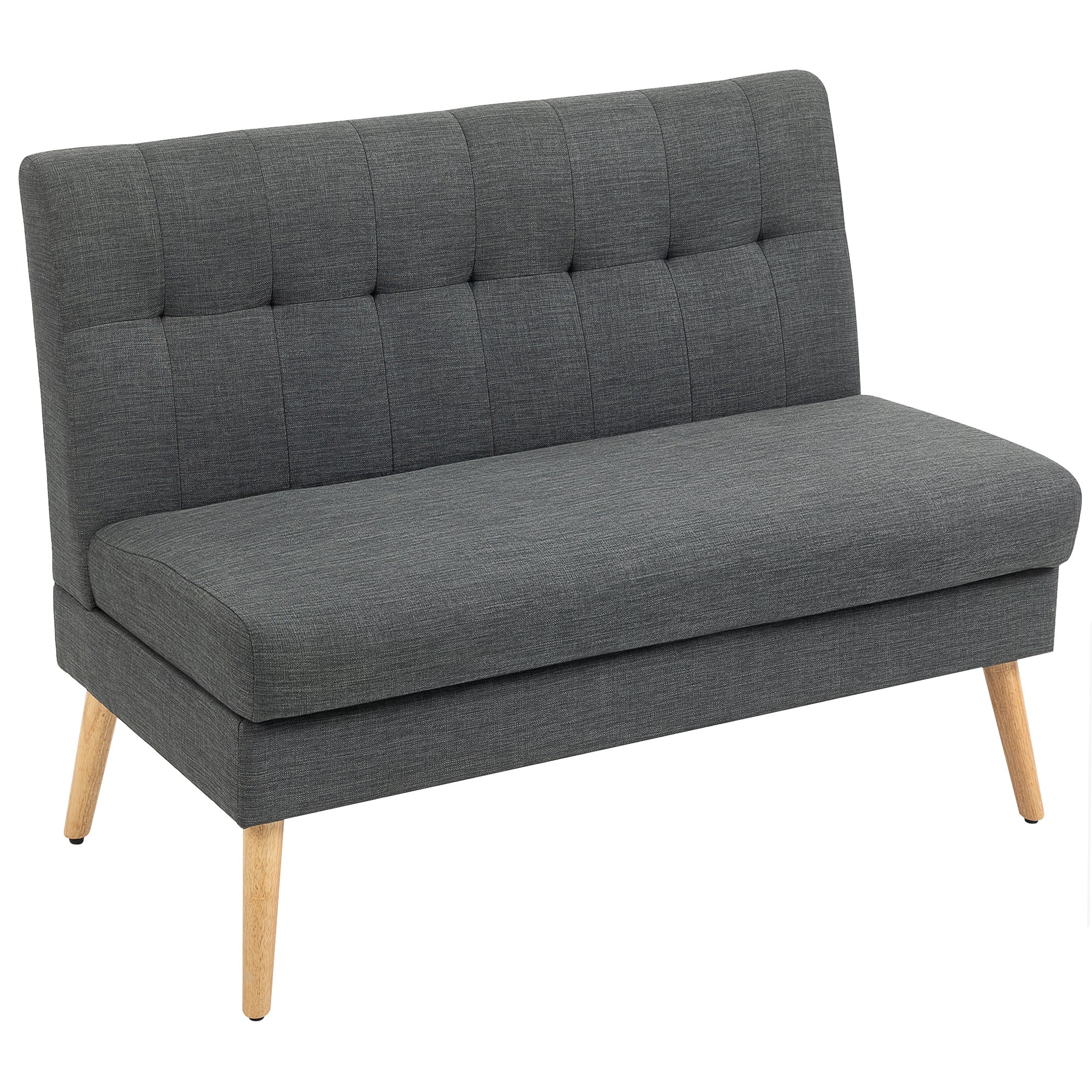Sofa dwuosobowa, pikowane oparcie, nogi drewniane, grube wypełnienie, wygląd lnu, idealna do małych pomieszczeń, kolor szary