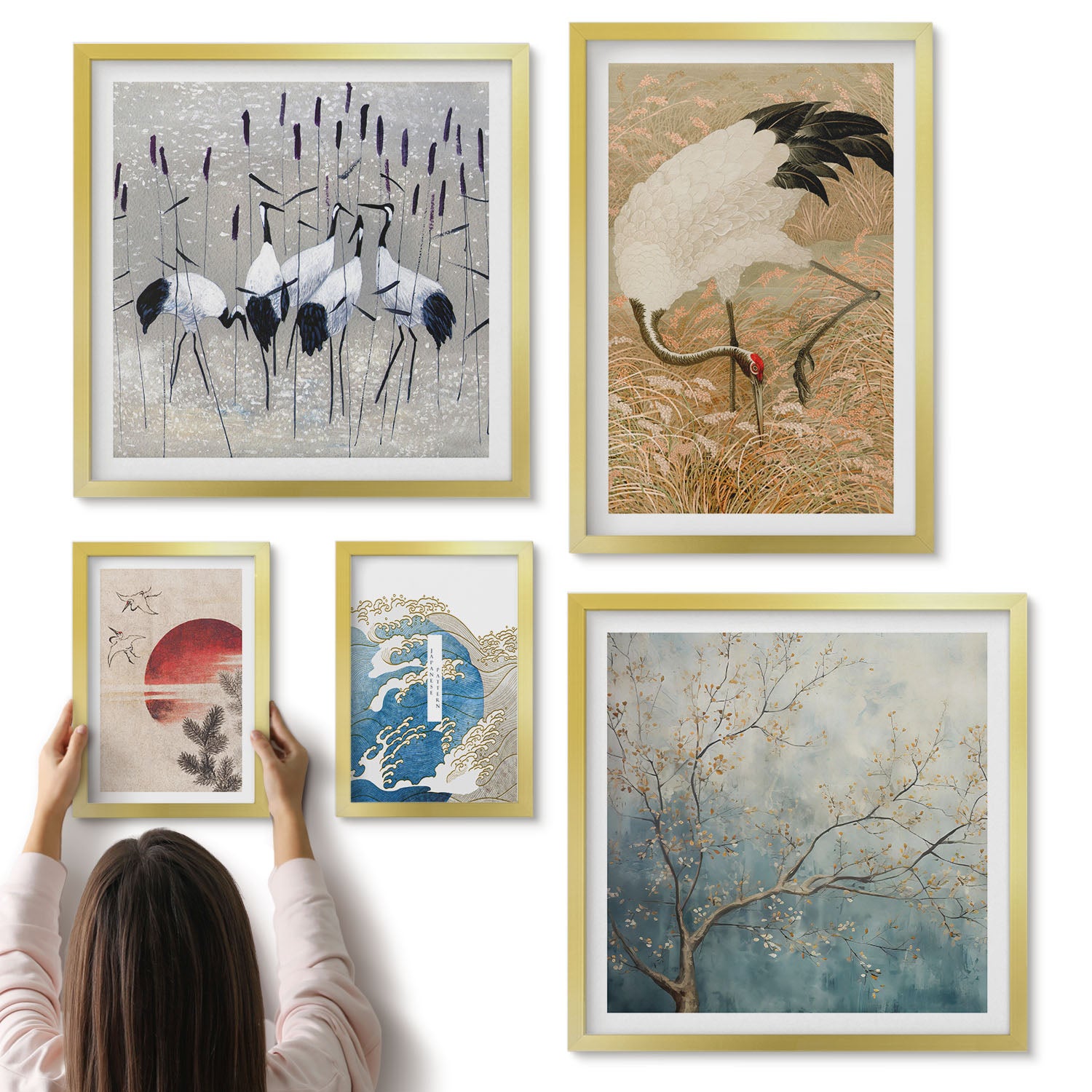 Galeria ścienna 5-częściowy komplet obrazów w złotych ramach - Stylowe obrazy z motywami przyrody i ptaków - ArtPrintCave