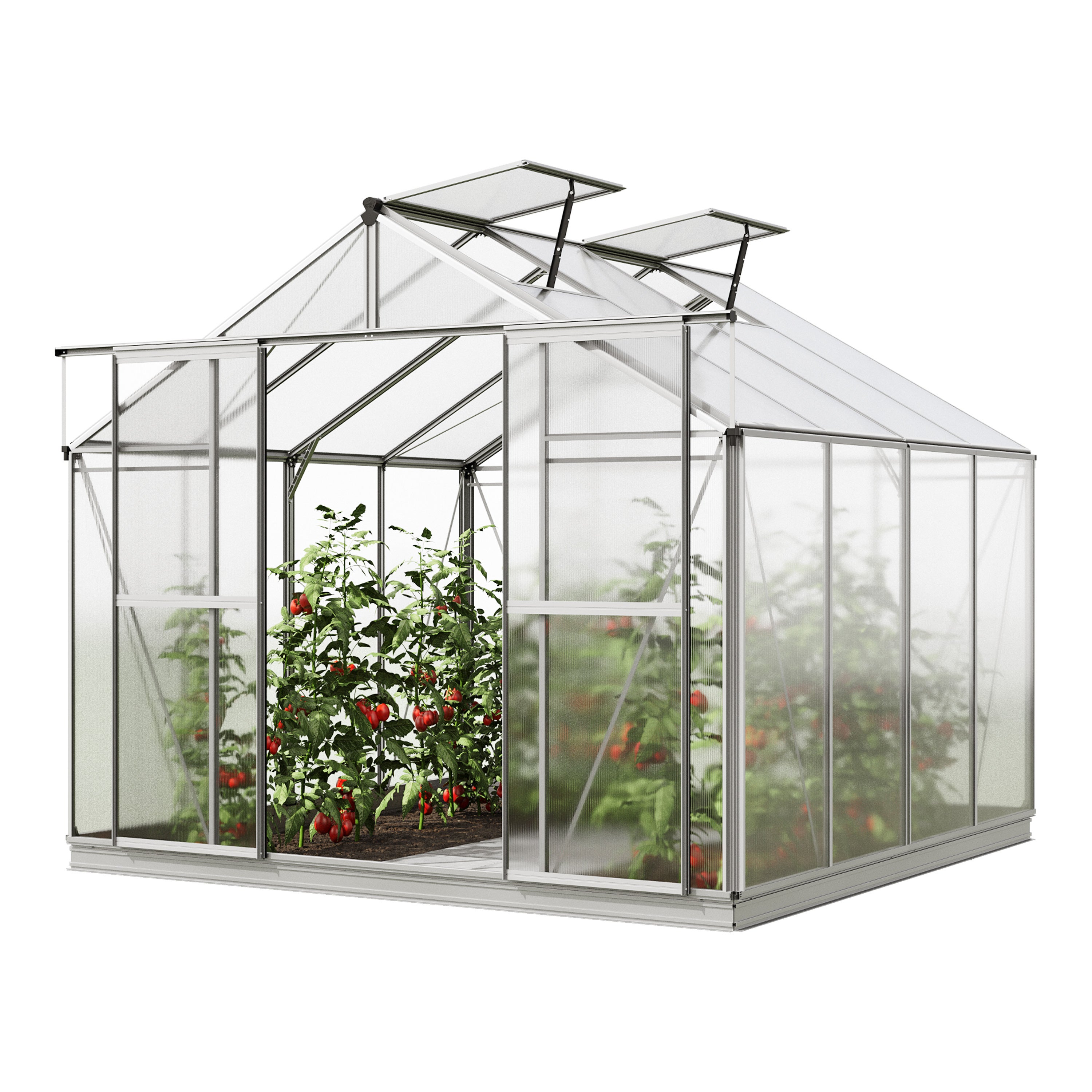 GFP Szklarnia Orchidee 4 rama aluminiowa 256 x 256 cm panele poliwęglanowe - z ramą fundamentową i 1 aut. mechanizm otwierania okien