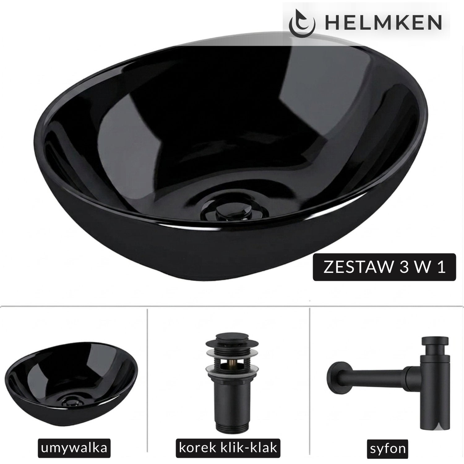 Umywalka nablatowa Helmken 65241001 (41x34) Czarna + Syfon Czarny Mat + Korek klik-klak Czarny Mat