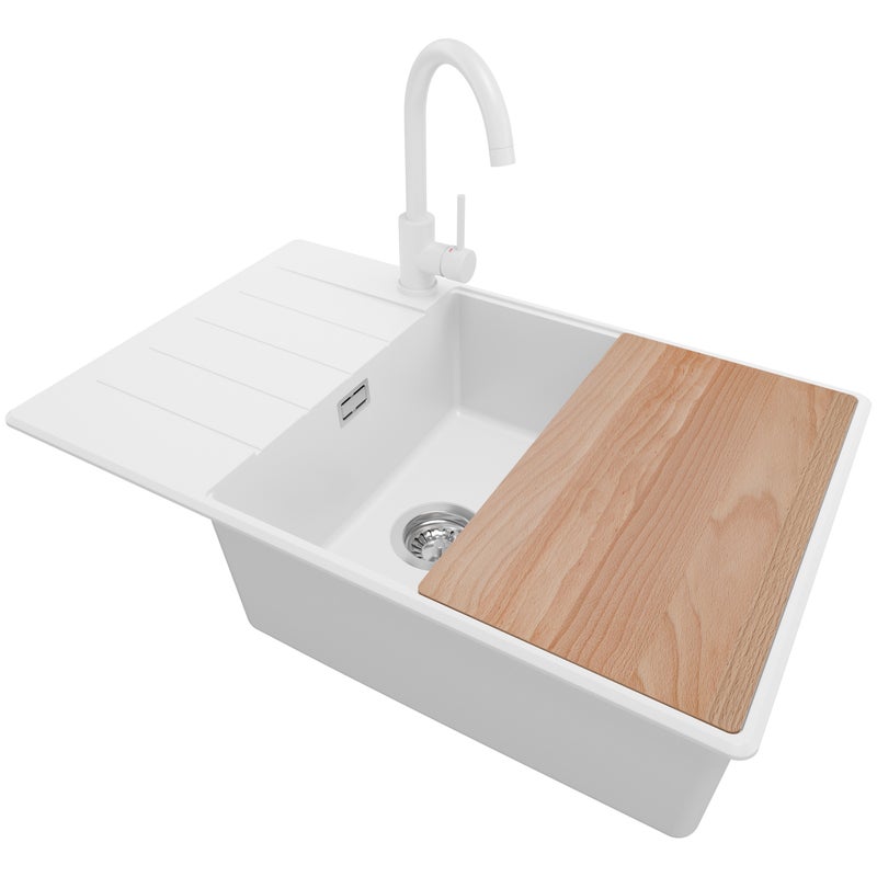 Zlewozmywak Granitowy Biały 78x50cm, Zlew Kuchenny 1 Komorowy + Bateria 32x20cm + Syfon + Deska, Nablatowy do szafki od 60cm - Kopenhaga PRIMAGRAN