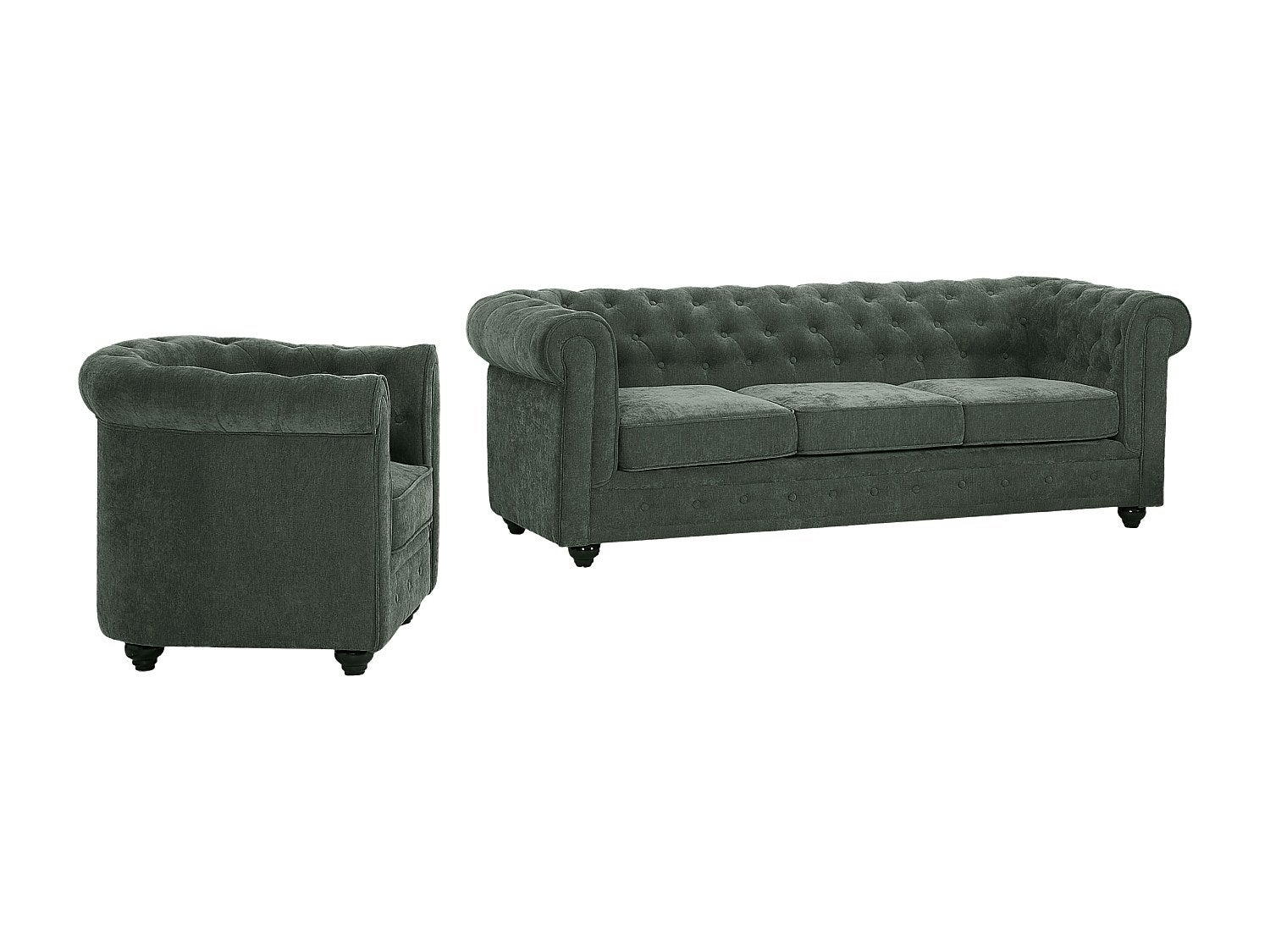 Kanapa 3-osobowa i fotel z zielonej tkaniny CHESTERFIELD