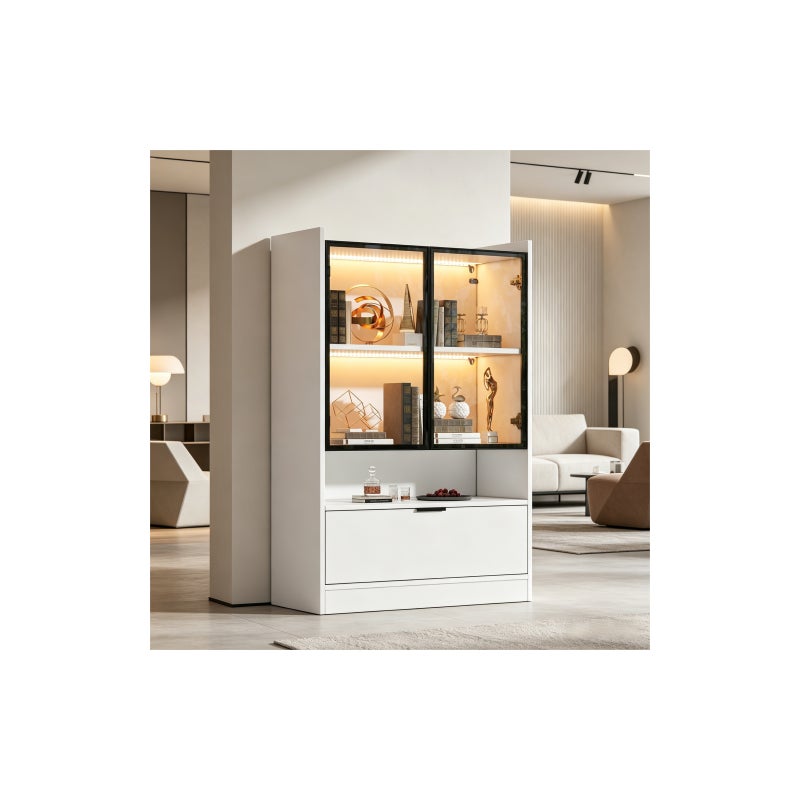 Nowoczesna witryna 80x35x120 cm - Oświetlenie LED - 2 drzwi szklane i 1 drzwi opuszczane - Płyta wiórowa - Kolor biały