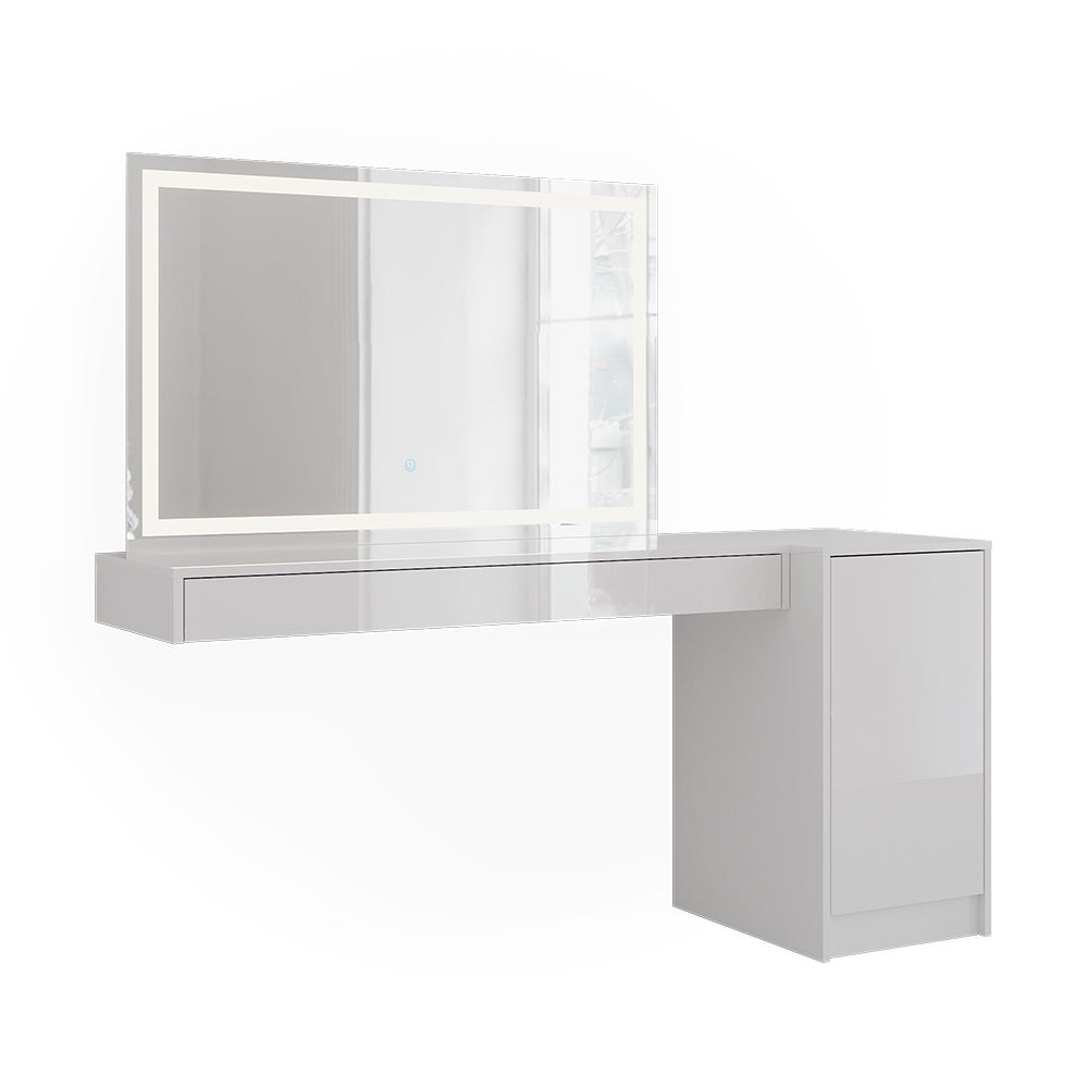 Vicco Stół toaletowy Sherry, Biały, 160.2 cm z lustrem LED i modułem z drzwiami