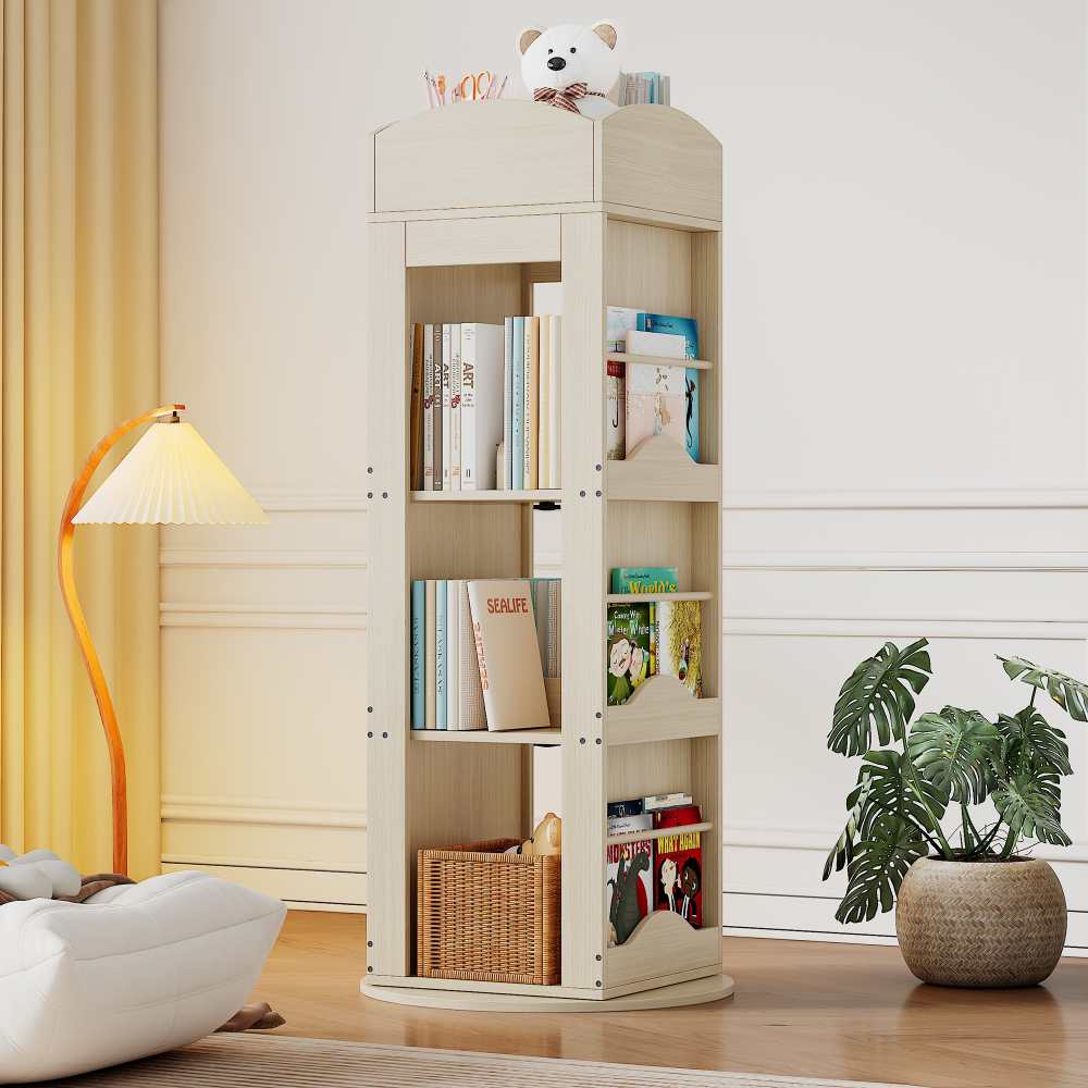 Obrotowy regał na książki 360° MDF 4-poziomowy, półka dla dzieci i dorosłych, wielofunkcyjny organizer do biura i pokoju 142x63x63 cm