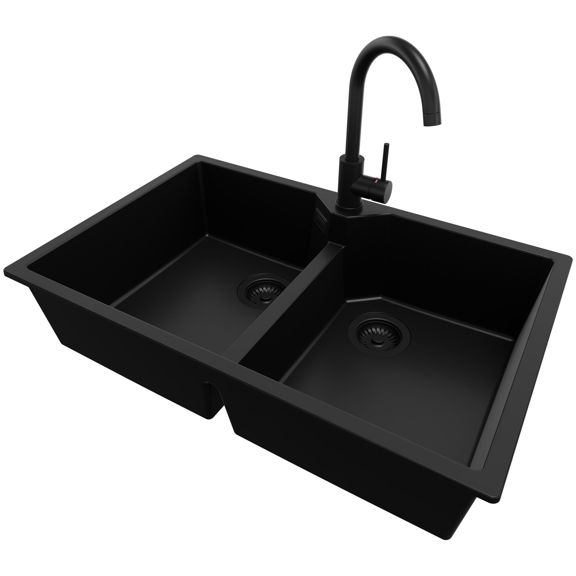 Zlewozmywak Granitowy Cały Czarny 78x50cm, Zlew Kuchenny 2 Komorowy + Bateria 32x20cm + Syfon, Nablatowy do szafki od 80cm - Madryt Twin PRIMAGRAN