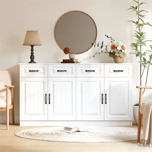 Komoda/komoda z 4 drzwiami i 4 szufladami – 2 półki – wzór w paski – 8 metalowych uchwytów – płyta MDF – biała