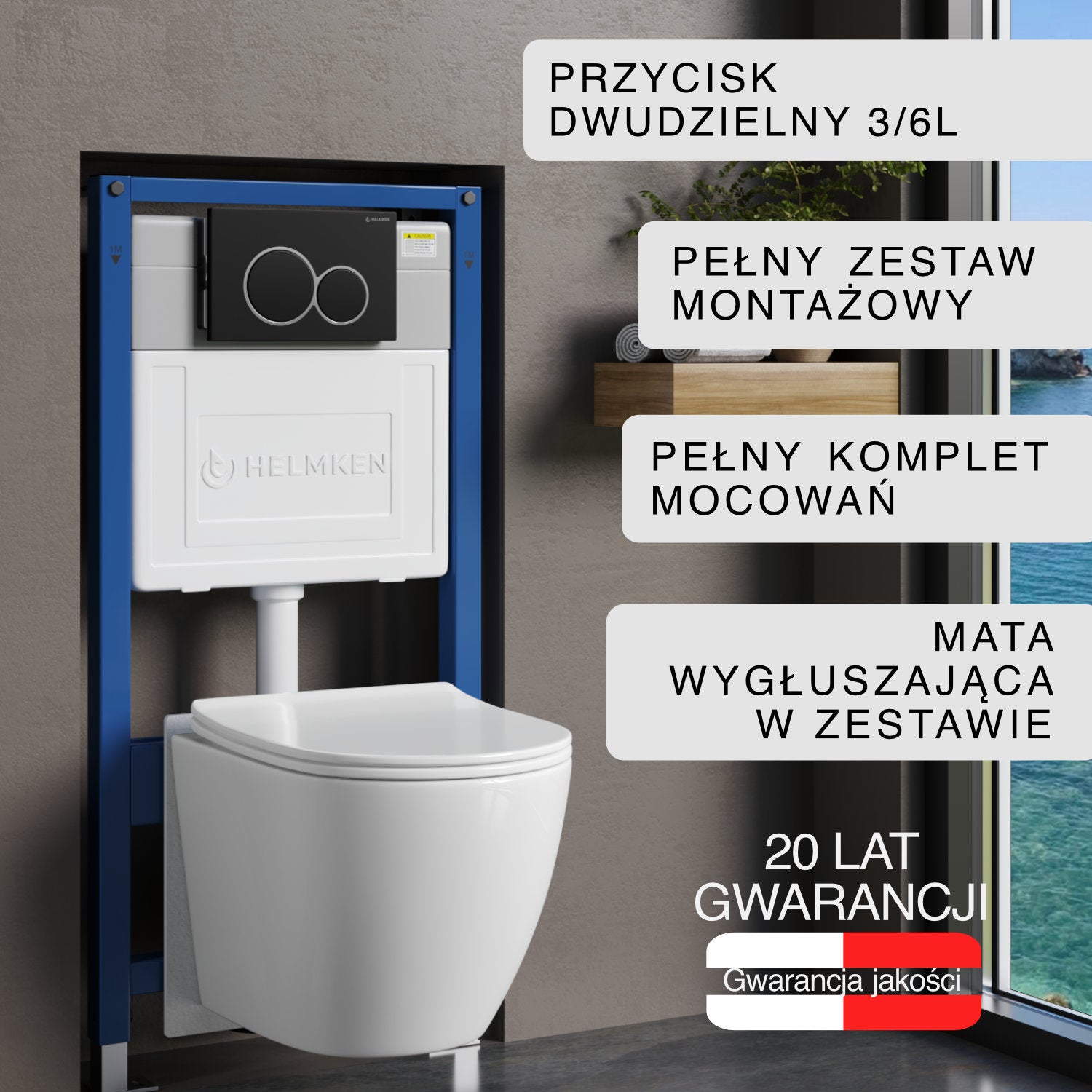Stelaż podtynkowy WC Helmken 35490101 Zestaw 5w1: Przycisk Czarny Mat (E), Miska bezkołnierzowa Rimless, Deska wolnoopadająca, Mata