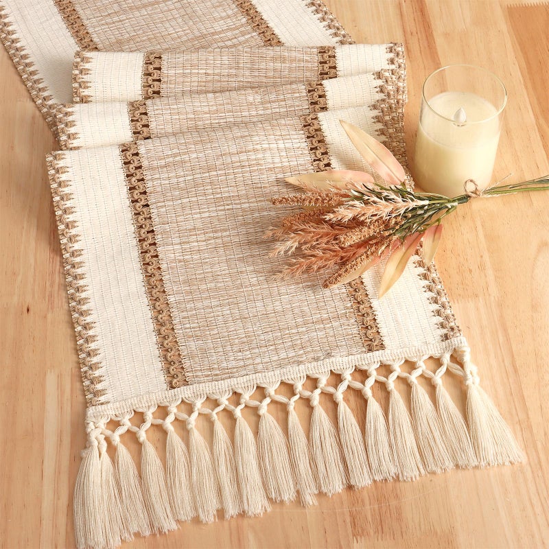 Zestaw 2 bieżników na stół w stylu vintage boho, bawełna i len z makramą i frędzlami, 30x120 cm