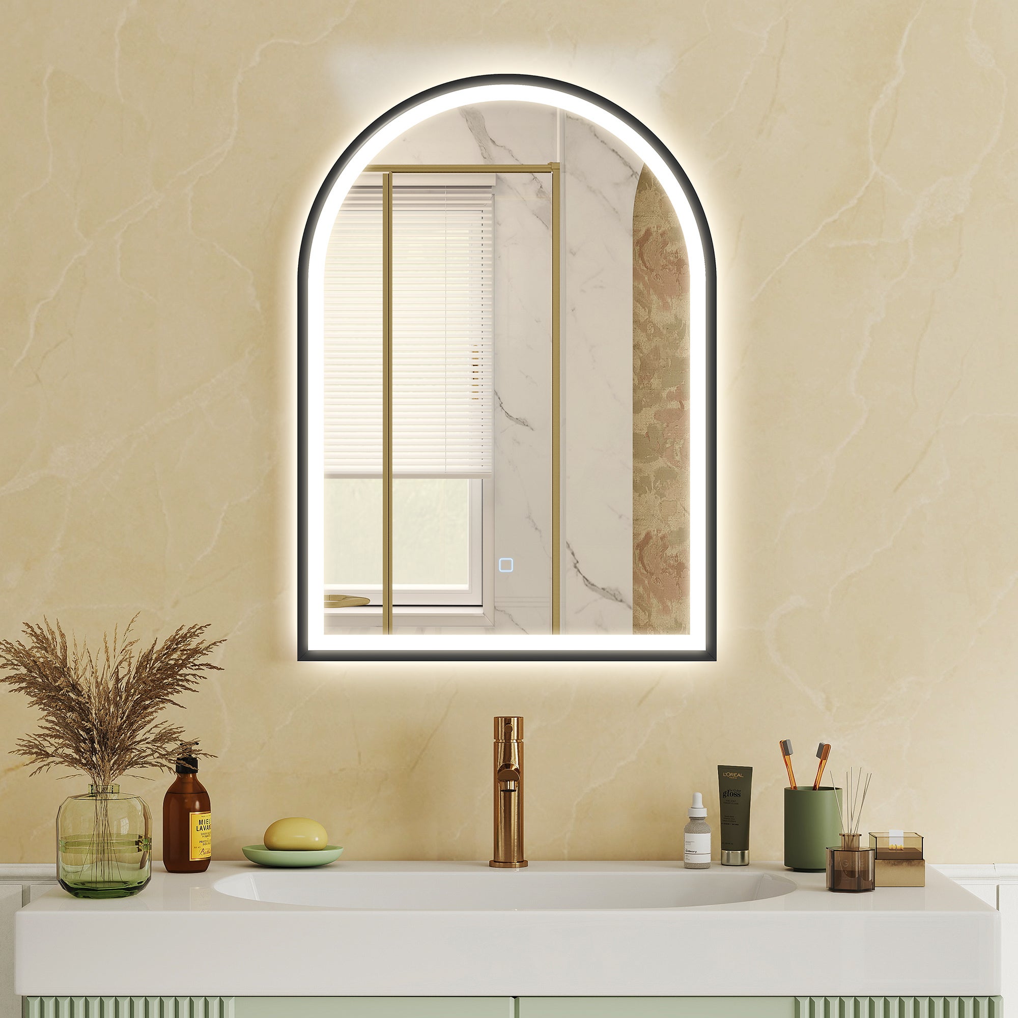 Lustro łazienkowe LED łukowe 50x70 cm antypara czarna rama do łazienki
