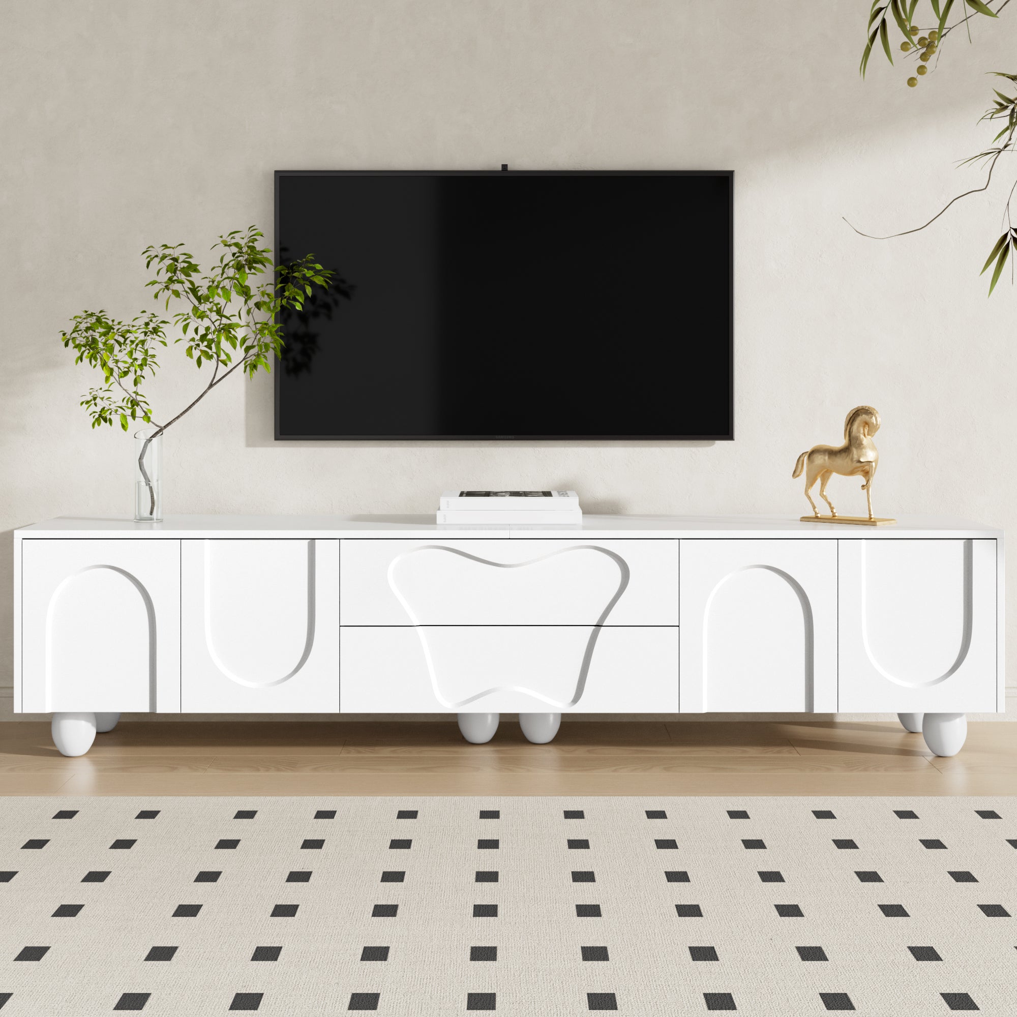 Szafa pod TV 180x40x42 cm - 2 szuflady i 4 drzwi - nogi z litego drewna - płyta wiórowa - biały