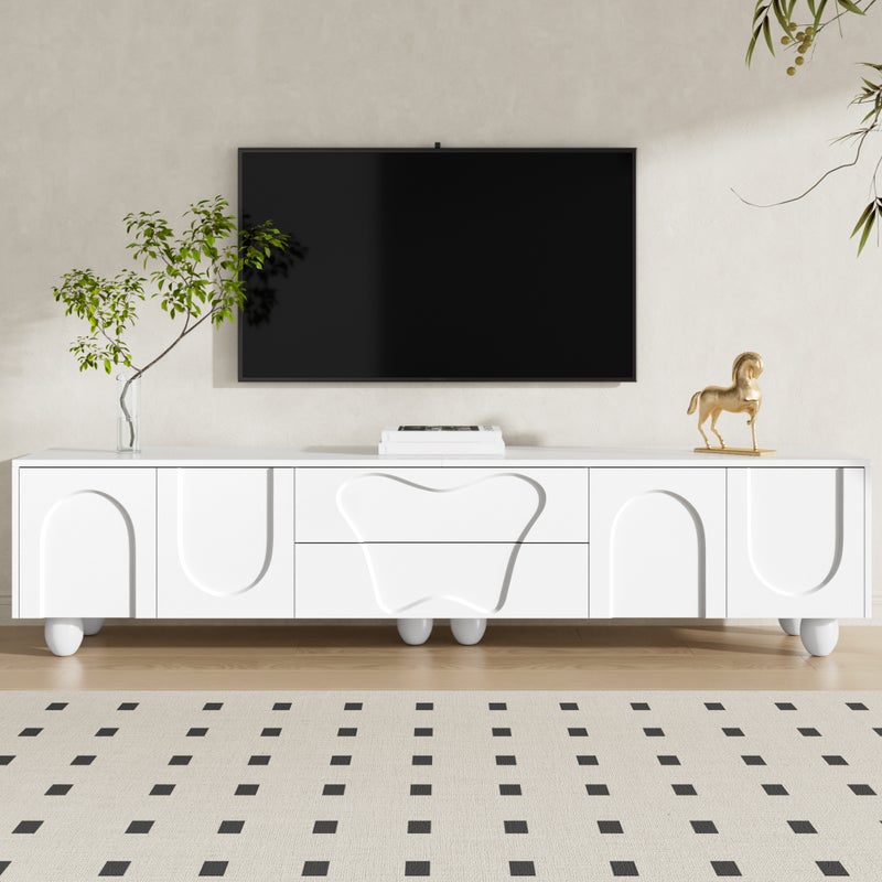 Szafa pod TV 180x40x42 cm - 2 szuflady i 4 drzwi - nogi z litego drewna - płyta wiórowa - biały
