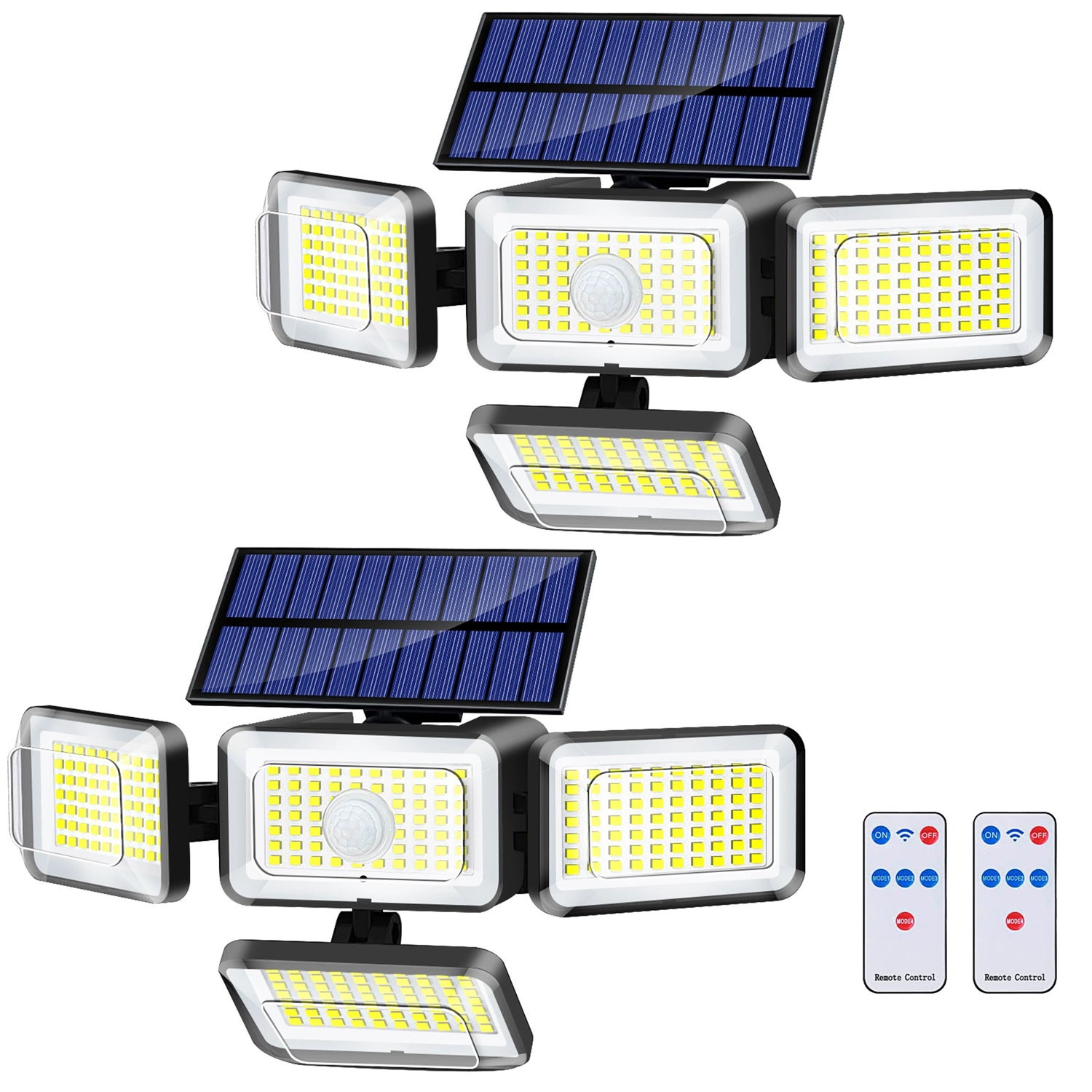 2 lampy solarne na zewnątrz 288 LED, wodoodporne, z czujnikiem ruchu i pilotem, 4 reflektory solarne ścienne