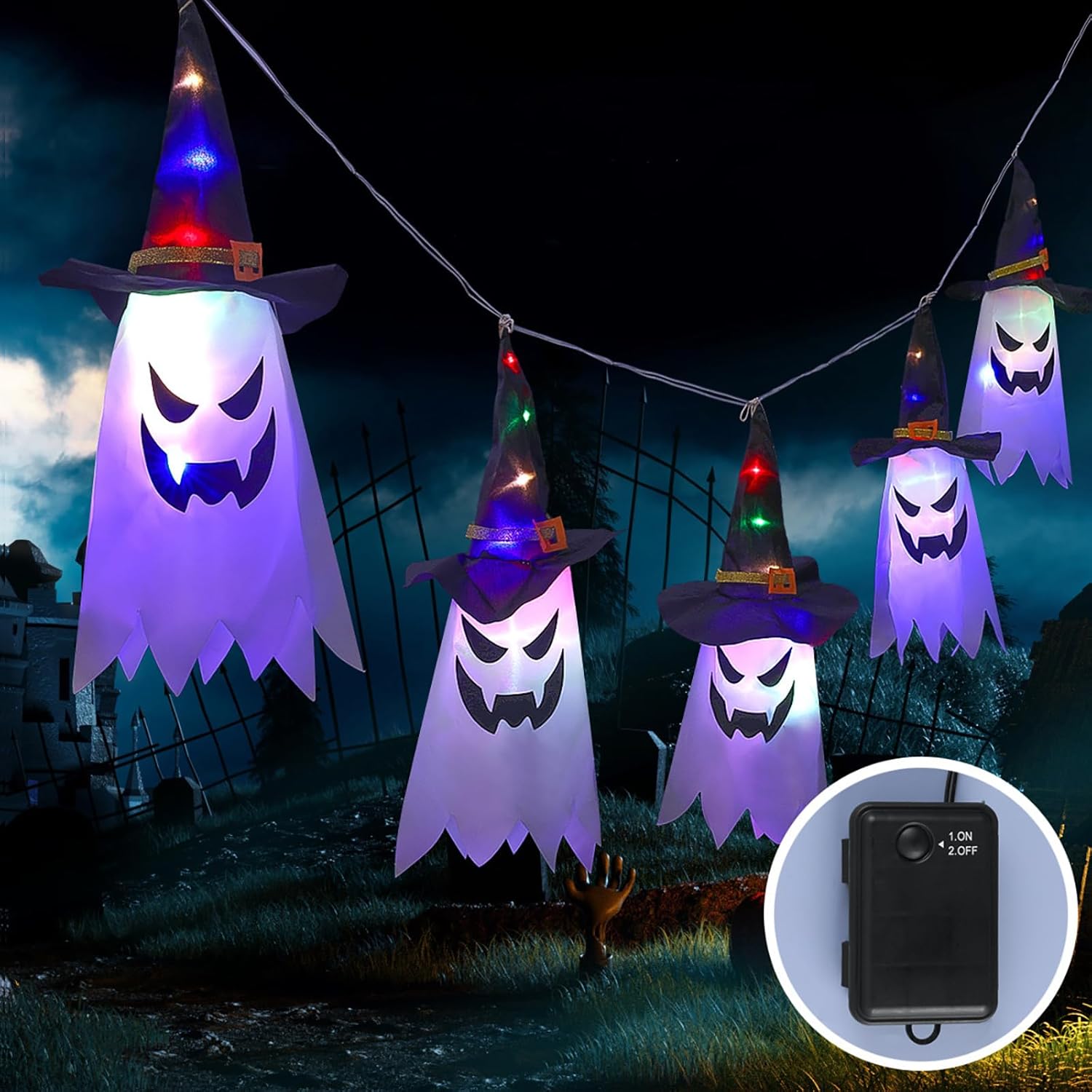 5 wiszących duchów halloweenowych w kapeluszach – 10 diod LED, na patio, na imprezę, do ogrodu, na upiorny nastrój