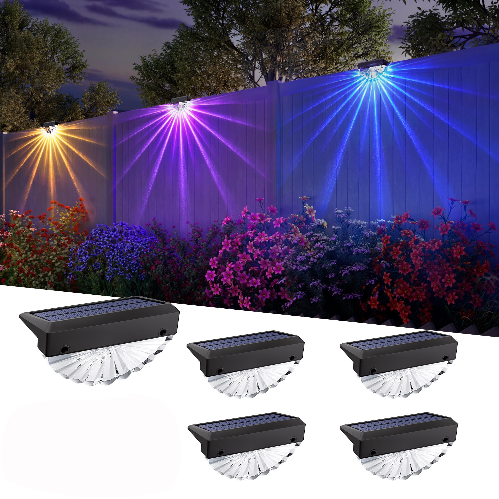 Zestaw 4 lamp solarnych na taras, wodoodporne lampy solarne IP44 na ogrodzenie, oświetlenie schodów, bezprzewodowe lampy solarne 7 kolorów.