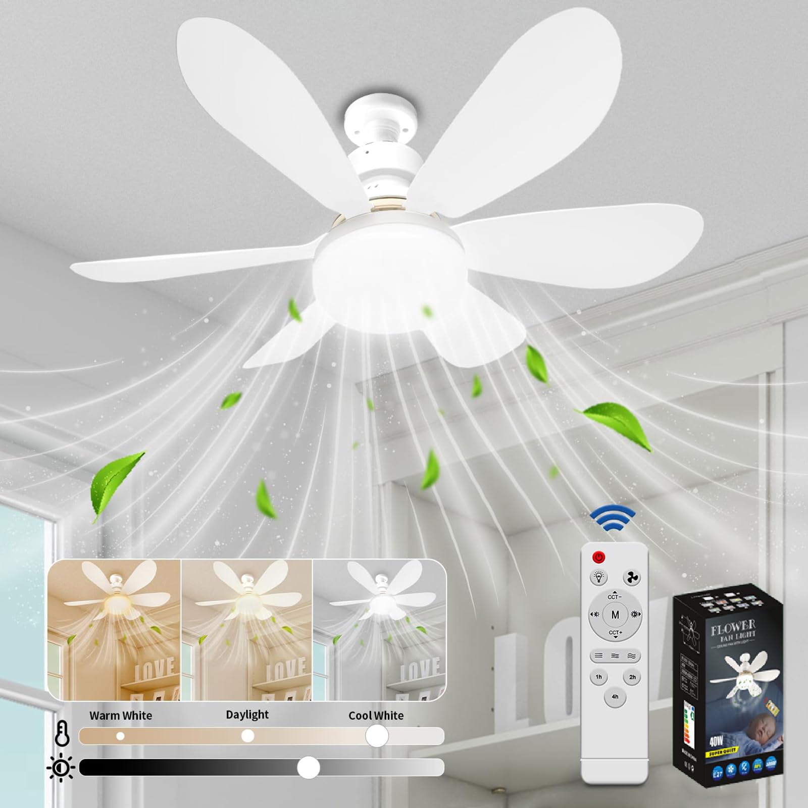 Wentylator sufitowy ze światłem i pilotem, ściemnialny wentylator sufitowy LED ze zintegrowaną lampą 40W E27, 6 łopatek, 3 prędkości (biały)