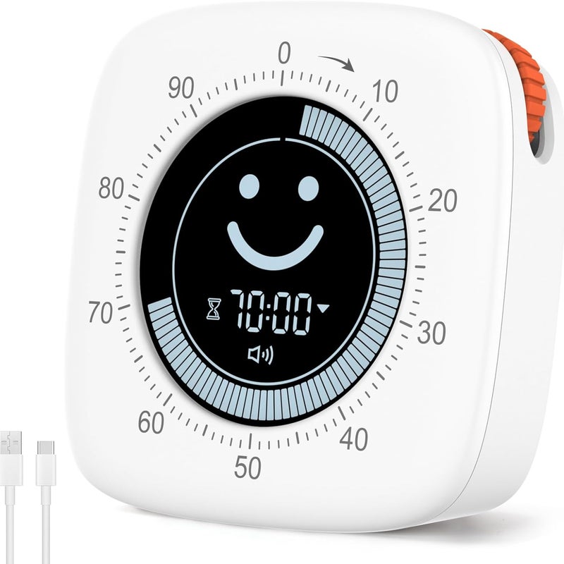 100-minutowy timer wizualny, timer dla dzieci z wyświetlaczem uśmiechniętej buźki, szybkie ustawianie, tryb cichy i wibracje, regulowana głośność
