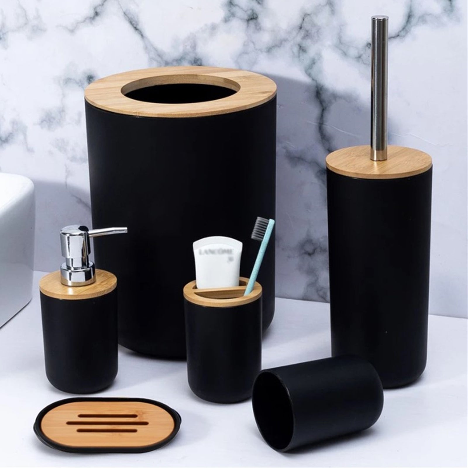Zestaw akcesoriów łazienkowych 6PCS z dozownikiem do balsamu, pojemnikiem na szczoteczki do zębów, kubkiem na szczoteczki do zębów, mydelniczką