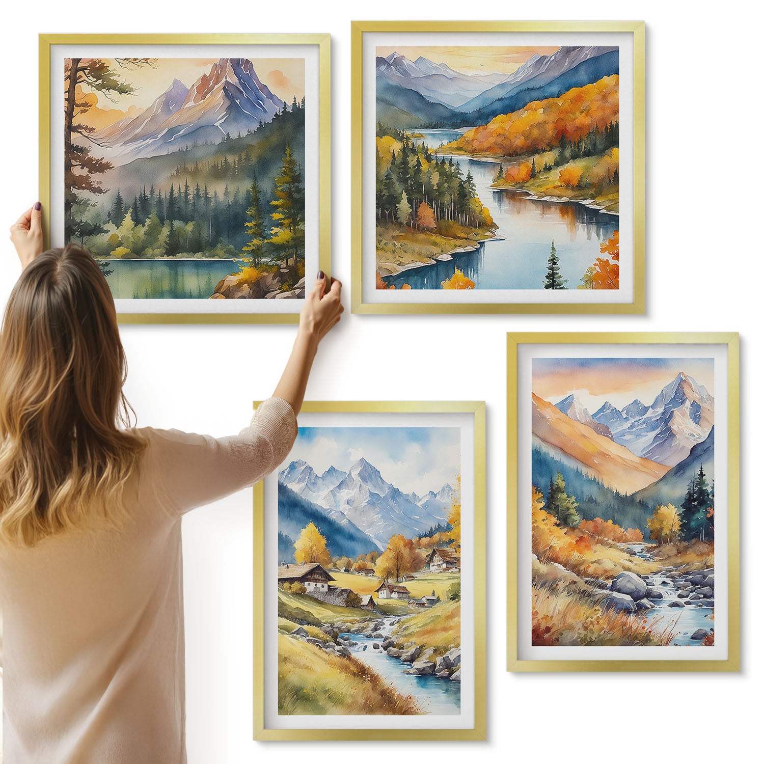 Galeria ścienna 4-częściowy komplet obrazów w złotych ramach - Górski krajobraz z rzeką i domkami w jesiennych barwach - ArtPrintCave