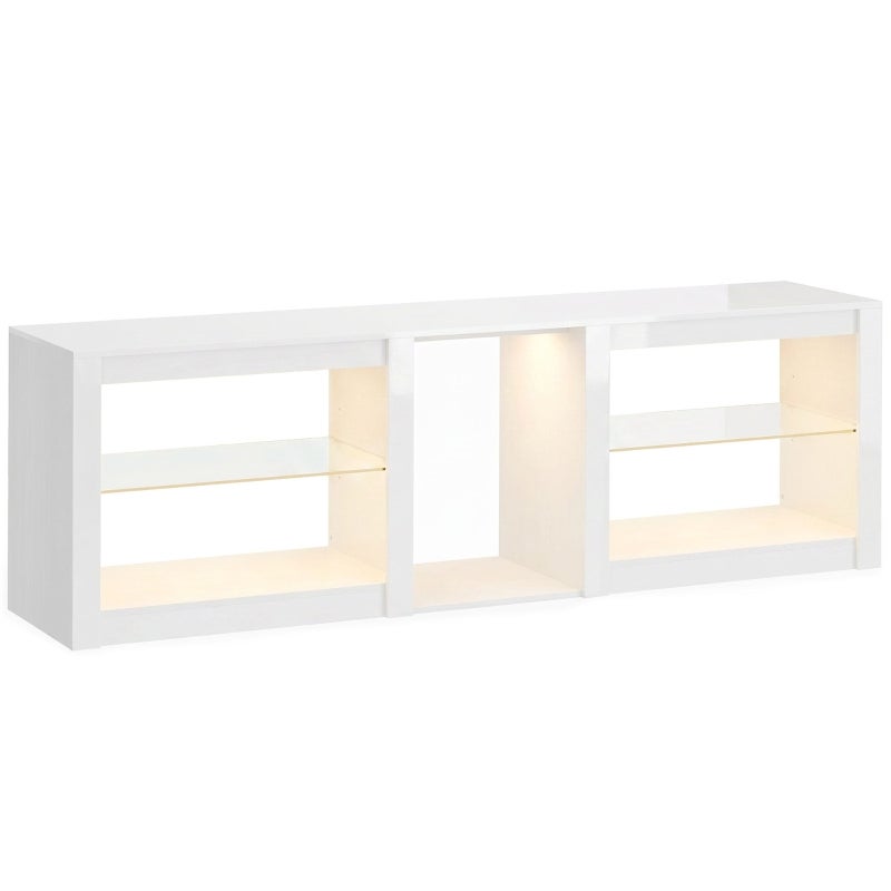 TV Stojak pod telewizor z oświetleniem LED RGB, nowoczesny mebel pod telewizor z regulowanymi szklanymi półkami, do telewizorów do 75 cali, biały