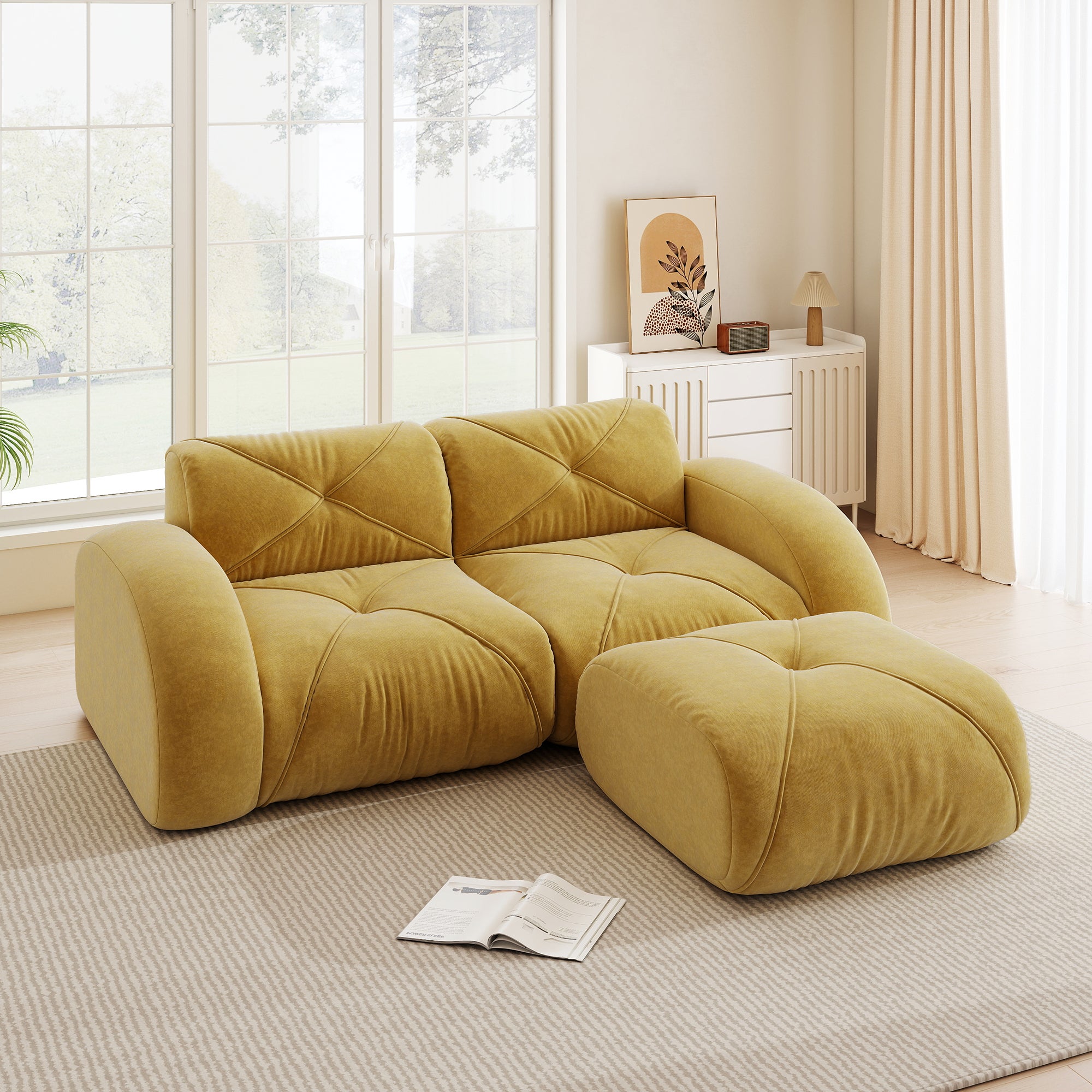 Sofa modułowa, nowoczesna 2-osobowa sofa ze stołkiem, pianka o dużej gęstości 32D, odpowiednia do salonu, tkanina szenilowa przyjazna zwierzętom