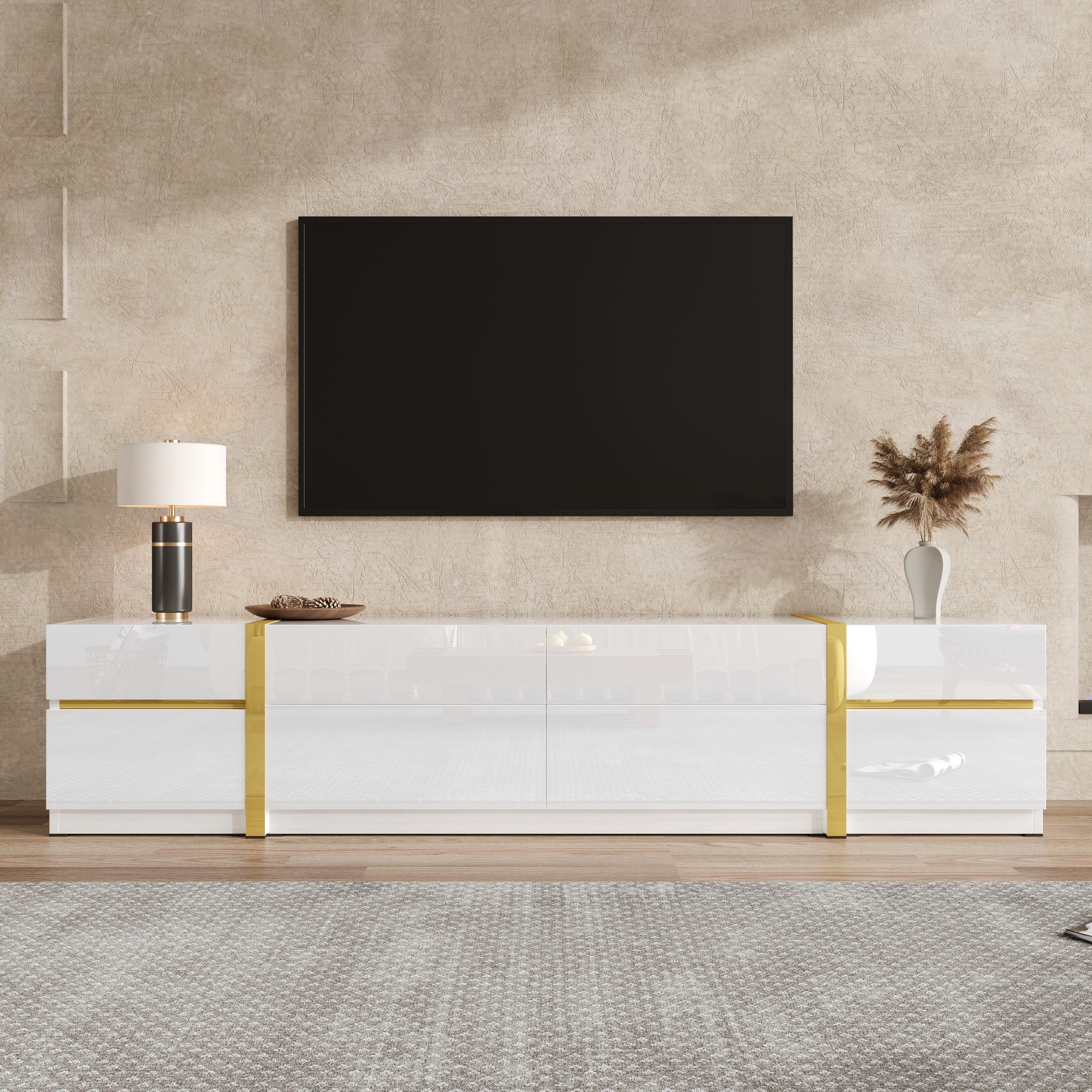 Nowoczesna szafka RTV z 4 szufladami i 1 opuszczanymi drzwiami - 180 x 40 x 38 cm - Wykończenie błyszczące - Płyta wiórowa + MDF - Kolor biały