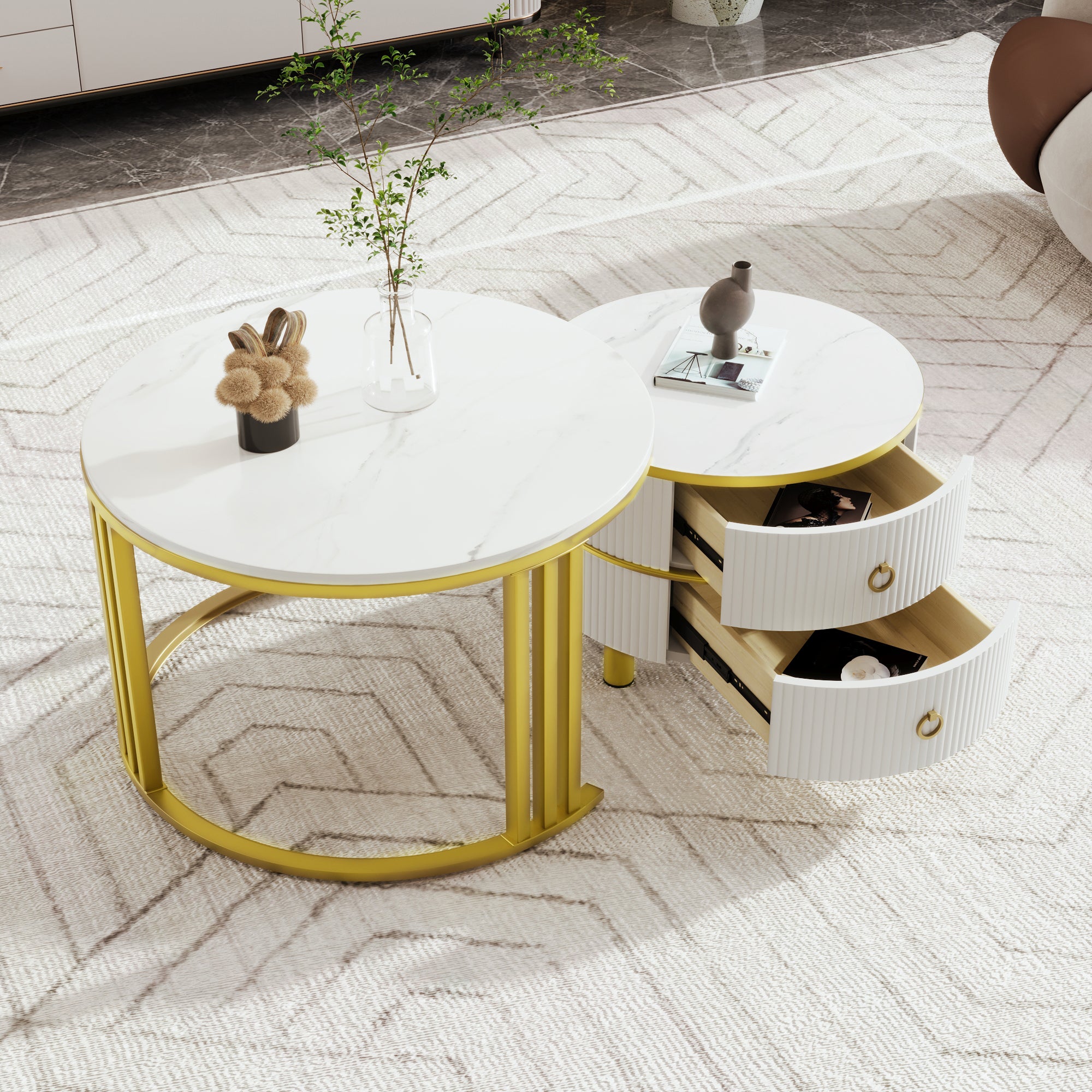 Okrągły stolik kawowy 2 w 1 z płyty MDF, stolik boczny z błyszczącym blatem i 1 białym marmurowym blatem, 70*70*46 + 50*50*40cm