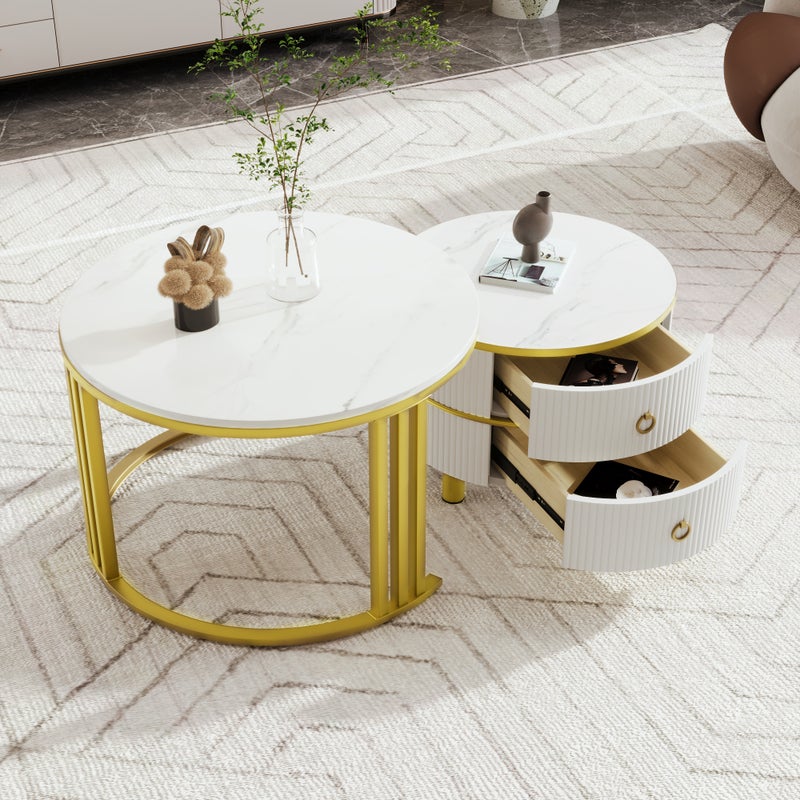 Okrągły stolik kawowy 2 w 1 z płyty MDF, stolik boczny z błyszczącym blatem i 1 białym marmurowym blatem, 70*70*46 + 50*50*40cm