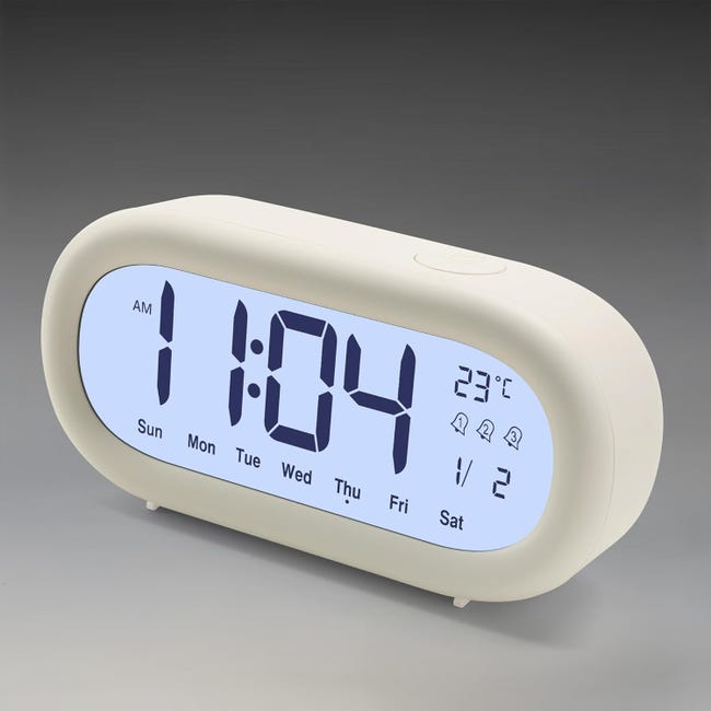 Duży ekran, cyfrowy budzik LCD zasilany bateryjnie, budzik z lampką nocną, drzemką, temperaturą, datą, 3 alarmami, format 12/24-godzinny, biały