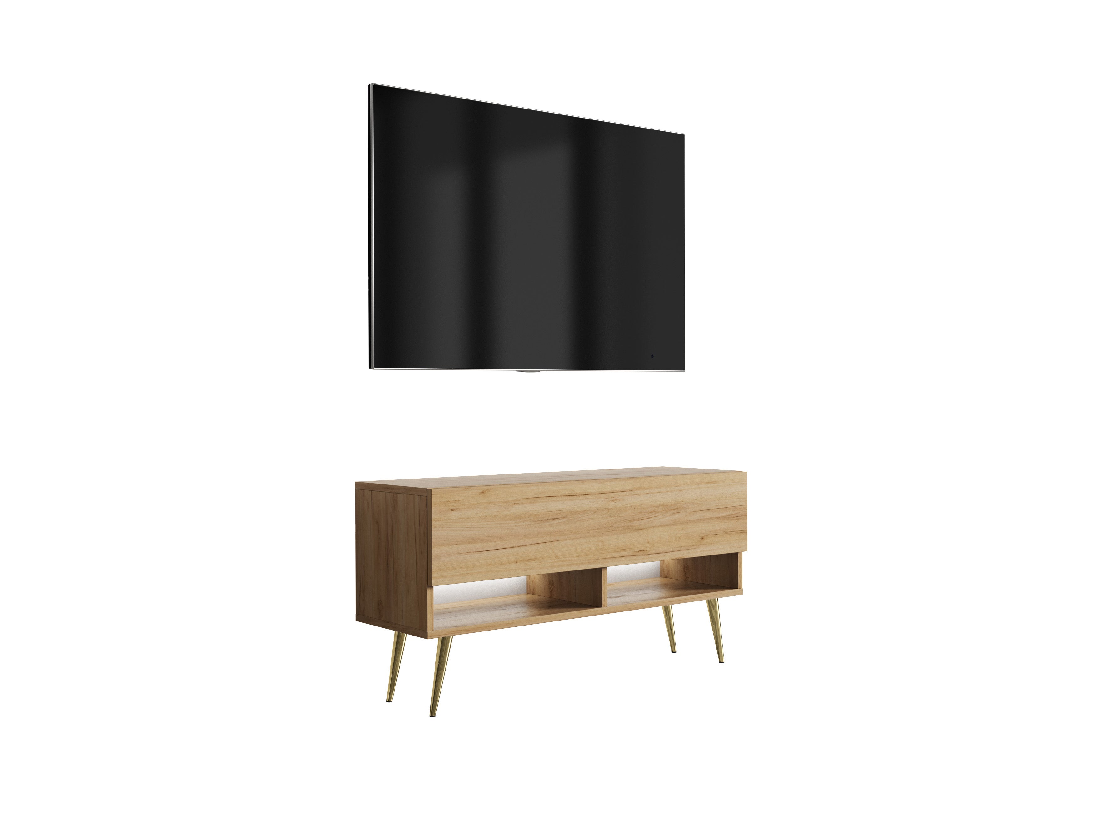 Szafka pod telewizor 100 cm Dąb Craft, nóżki pochyłe złote, LED biały, 100 × 32 × 52 cm