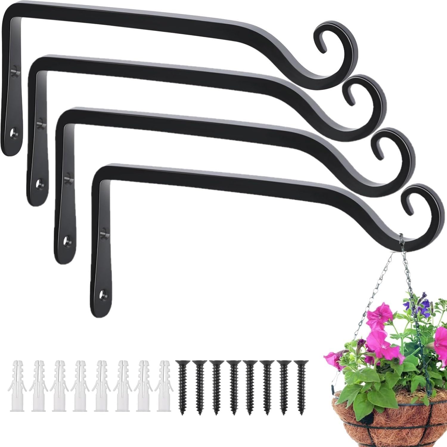 4-częściowy uchwyt do wiszących koszy, 25 cm x 12,5 cm, solidny metalowy hak ścienny do wiszących koszy zewnętrznych ze śrubami do karmników dla pta