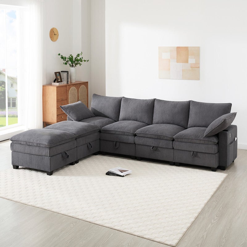 Nowoczesna sofa narożna w kształcie L - 4-osobowa - z wyjmowanym podnóżkiem - porty USB - schowki + uchwyty na kubki - beżowa