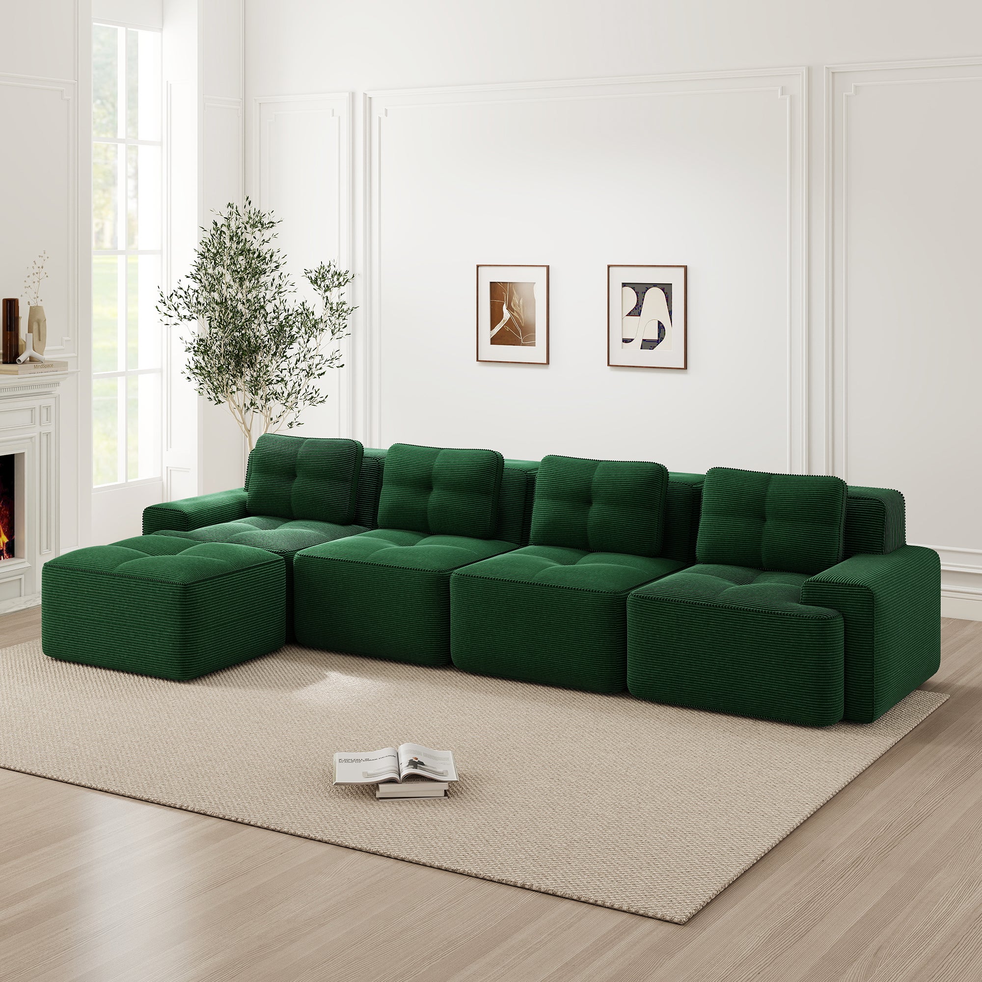 Sofy bez kości do salonu, Sofa modułowa z szezlongiem w kształcie litery L, 4-osobowa wygodna tapicerowana sztruksowa sofa Cloud z głębokim