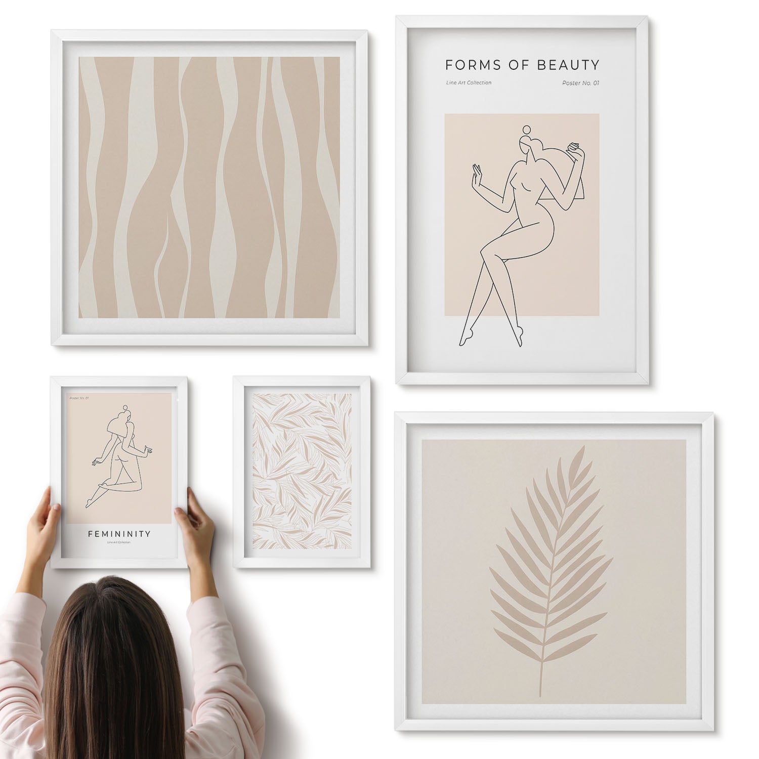 Galeria ścienna 5-częściowy komplet obrazów w białych ramach - Stylowe grafiki z kobiecymi sylwetkami i roślinnymi motywami - ArtPrintCave