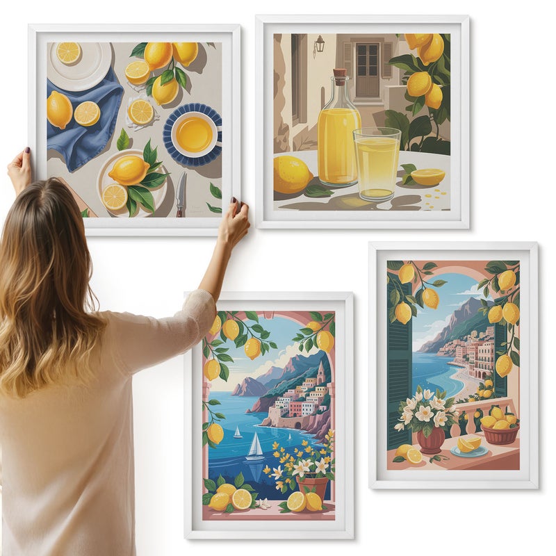 Galeria ścienna 4-częściowy komplet obrazów w białych ramach - Widok na morze okna z włoskimi cytrynami - ArtPrintCave