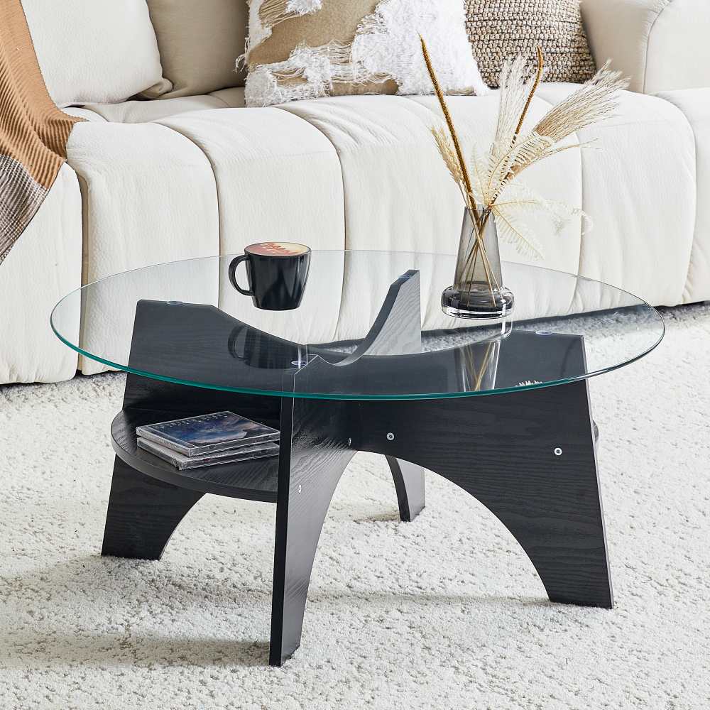 Okrągły stolik ze szkła hartowanego Ø80 cm, nowoczesny design, stabilna wachlarzowa podstawa, nogi MDF w kolorze orzecha do salonu, jadalni i biura