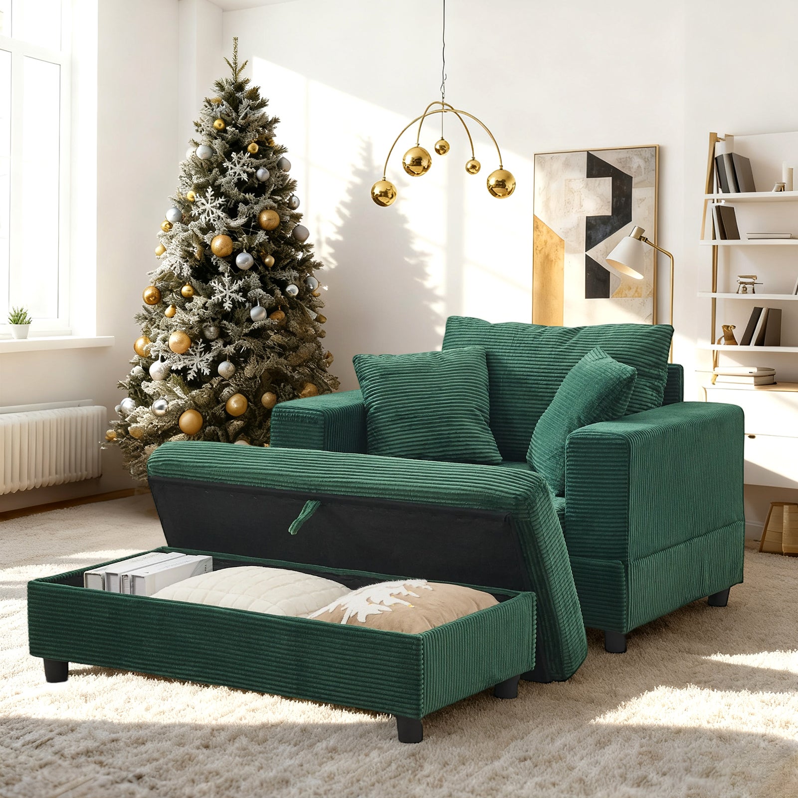 Szezlong z podnóżkiem i schowkiem, sofa wypoczynkowa z 3 poduszkami do salonu i sypialni - szmaragdowa zieleń, fotel, szmaragd, metal i drewno