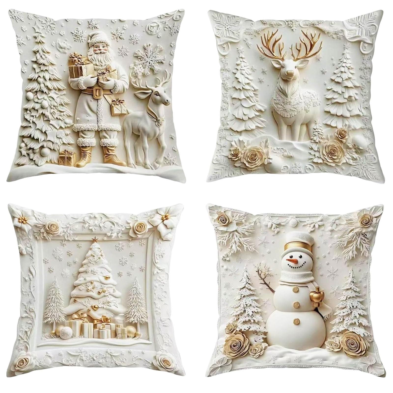 Poszewki Świąteczne 50 x 50 cm Zestaw 4 szt, Miękkie Poszewki 3D, Motywy Święty Mikołaj Renifer Jodła, Zimowa Dekoracja na Kanapę Sypialnię