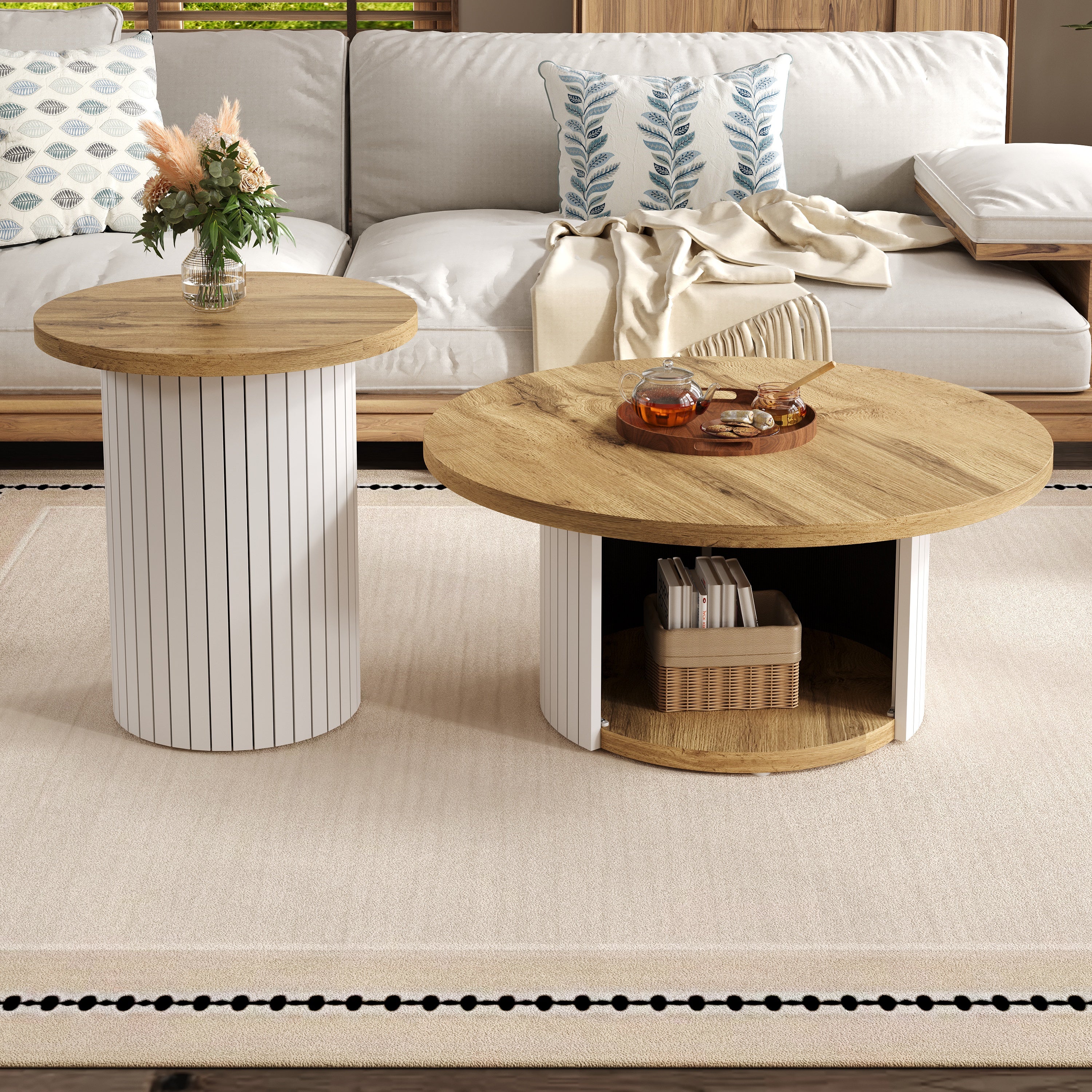 Zestaw 2 okrągłych stolików kawowych z otwartą przegrodą, stoliki pomocnicze - śr. 75 x wys. 35 cm + śr. 45 x wys. 50 cm - MDF - naturalny + biały