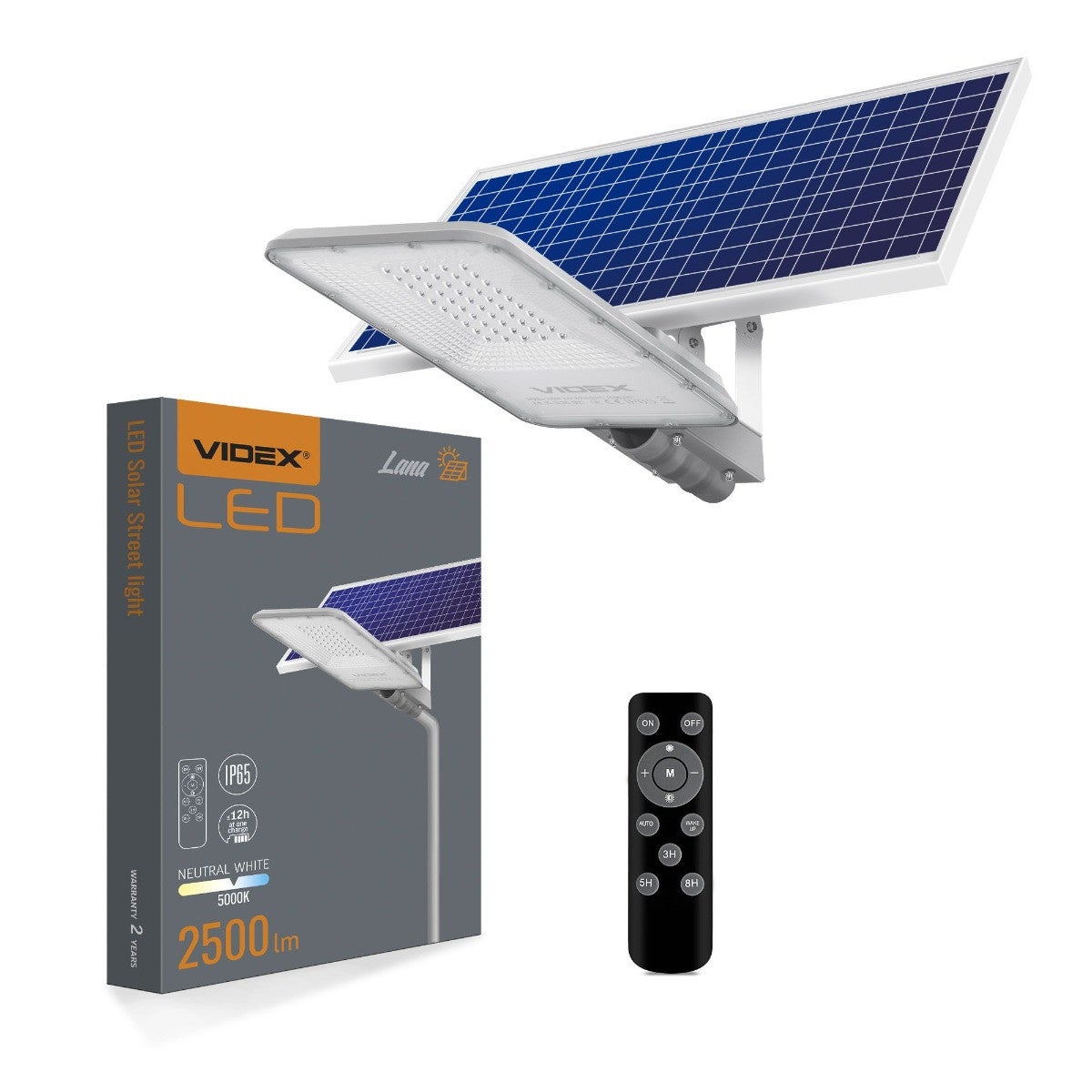 Latarnia solarna LED z pilotem 2500lm 5000K panel 30W IP65 LANA Videx