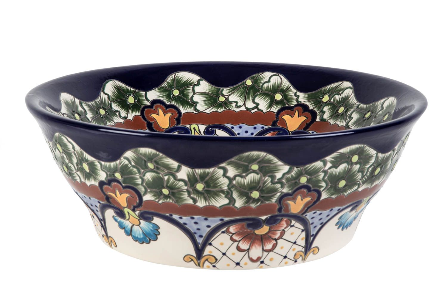 Meksykańska ceramiczna umywalka nablatowa z reliefem Juanetta Prima – okrągła umywalka łazienkowa 42,5 x 15 cm | Umywalka z motywami Talavera
