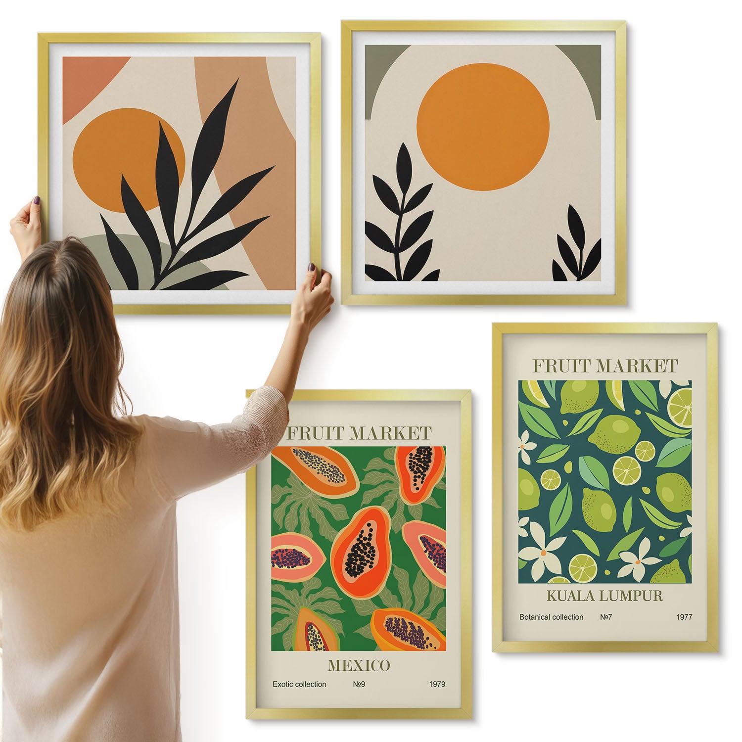 Galeria ścienna 4-częściowy komplet obrazów w złotych ramach - Boho wzory owocowe papaje limonki - ArtPrintCave