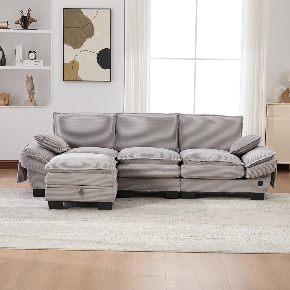 3-osobowa sofa z aksamitu w prążki, z podnóżkiem, z pianką o wysokiej gęstości, portem USB-C i kieszeniami bocznymi, jasnoszara