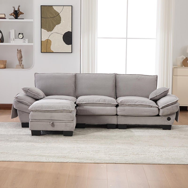 3-osobowa sofa z aksamitu w prążki, z podnóżkiem, z pianką o wysokiej gęstości, portem USB-C i kieszeniami bocznymi, jasnoszara