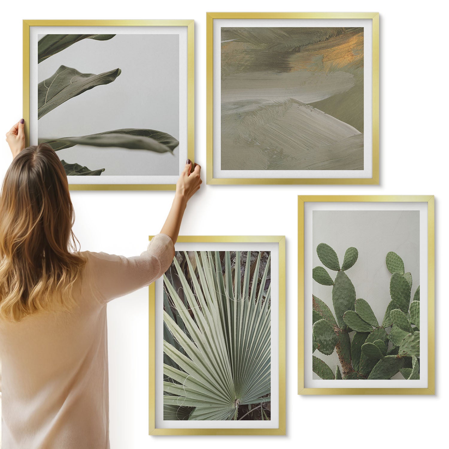 Galeria ścienna 4-częściowy komplet obrazów w złotych ramach - Liście roślin tropikalnych w pastelowych barwach - ArtPrintCave