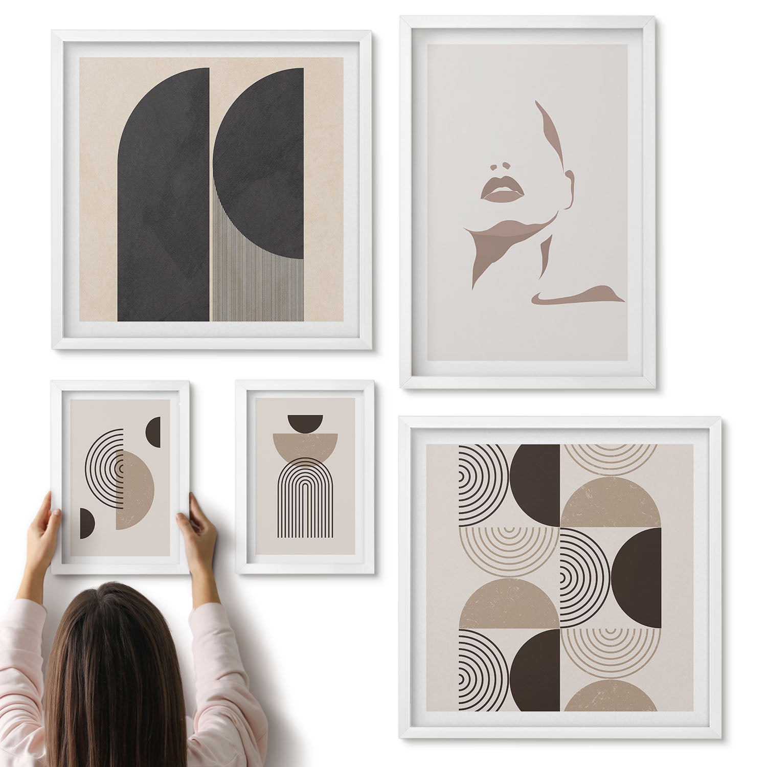 Galeria ścienna 5-częściowy komplet obrazów w białych ramach - Stylowe minimalistyczne portrety i geometryczne wzory - ArtPrintCave