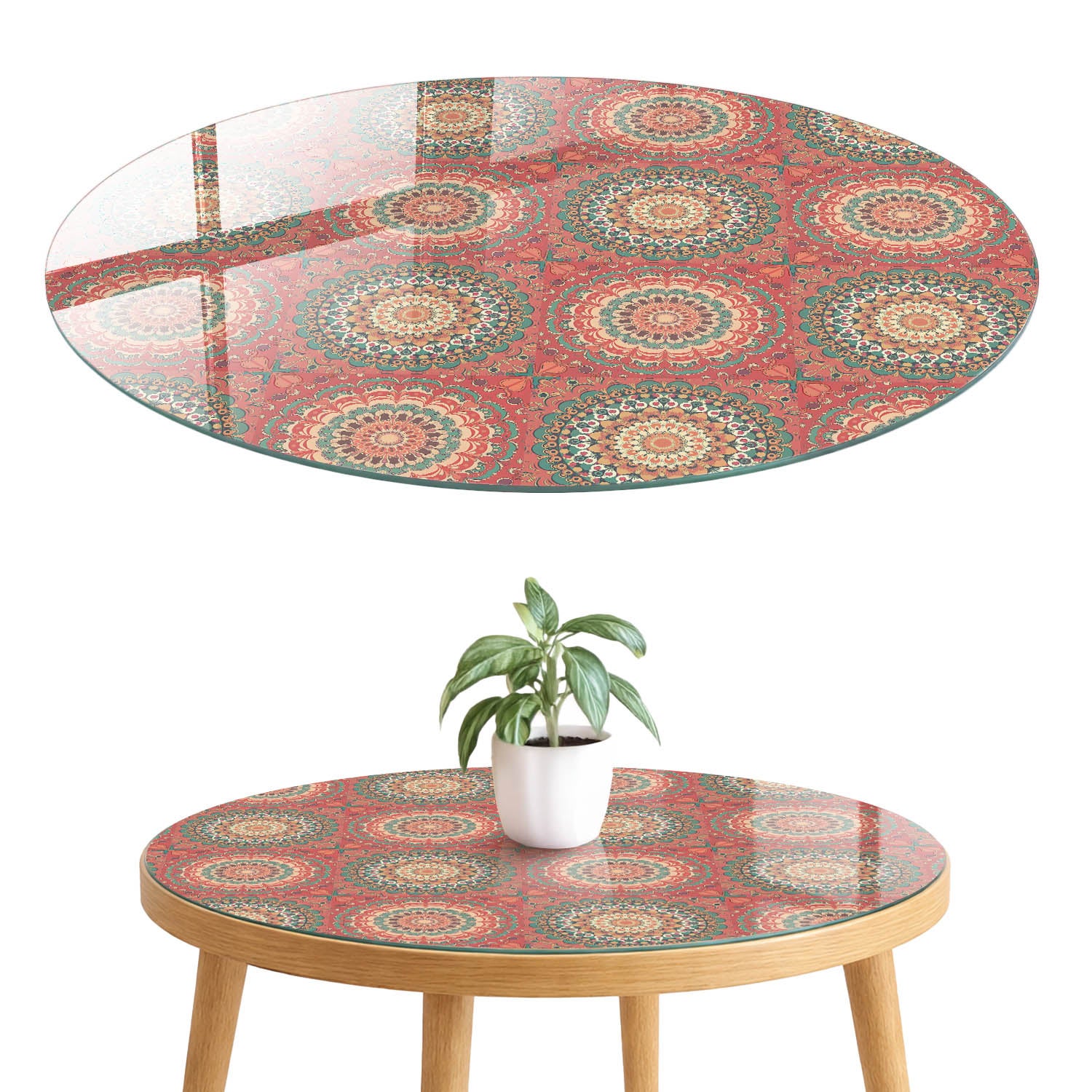Hartowany blat szklany z printem - stylowa osłona zniszczonego lub starego blatu fi50 cm Mandala dekoracja